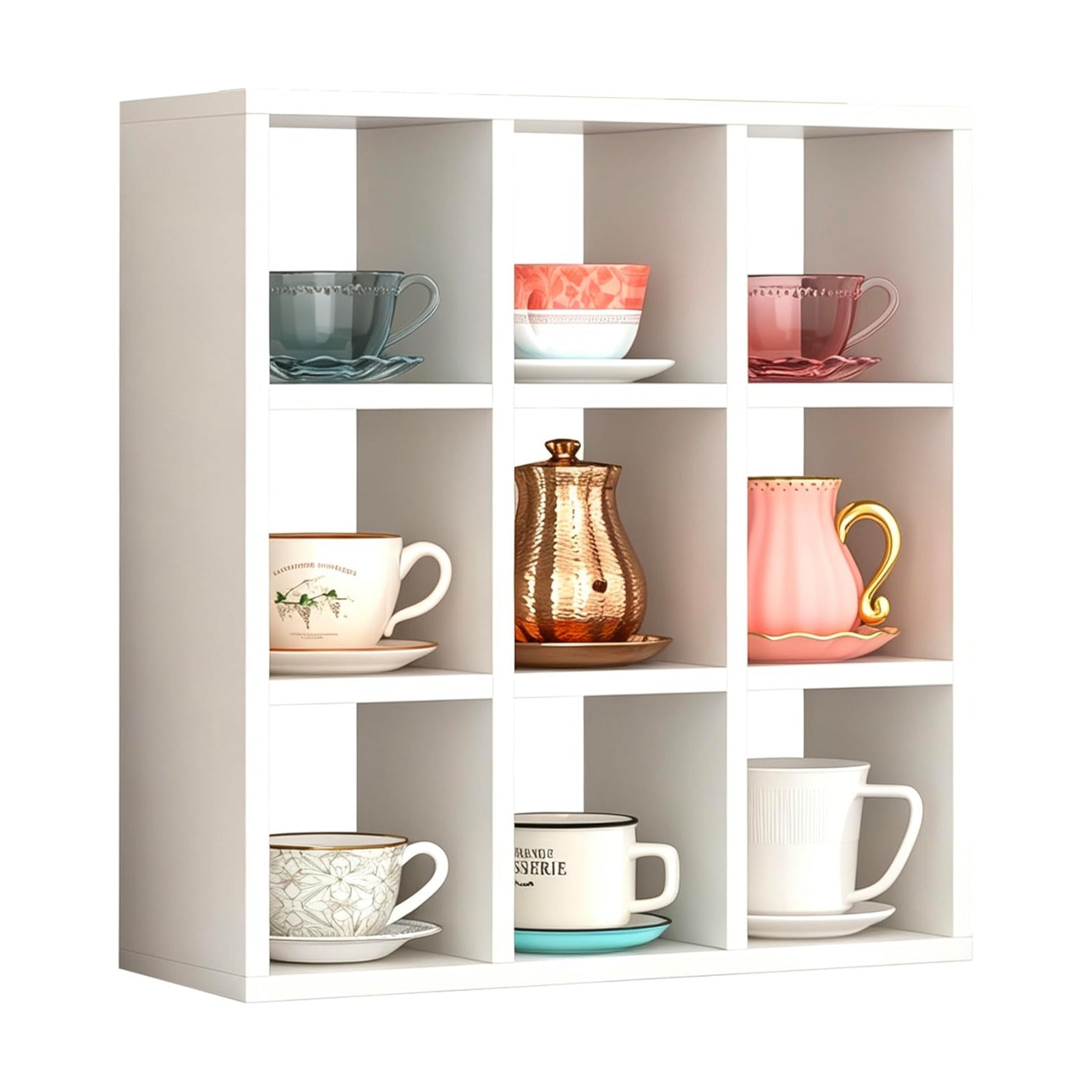 Helsin 9 Grid Vintage Coffee Mug Display Rack, 16inch Wall Mounted Wooden Curio Shadow Box Shelf, Cup Floating Shelves