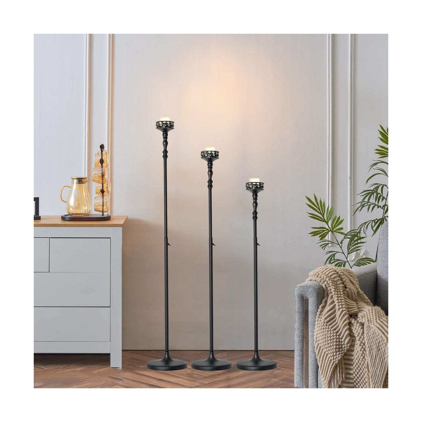 3Pcs Matte Black Floor Candle Holders Centerpieces for Pillar Candles | Adjustable Height,Halloween Metal Candlestick