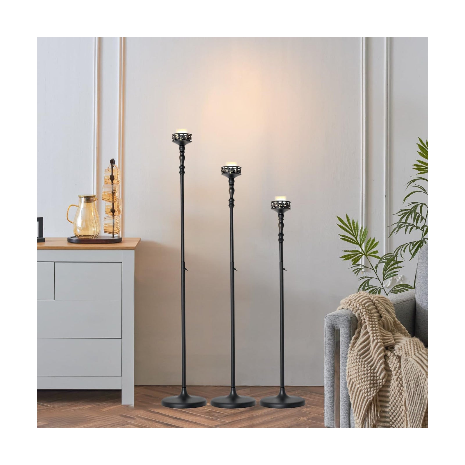 3Pcs Matte Black Floor Candle Holders Centerpieces for Pillar Candles | Adjustable Height,Halloween Metal Candlestick