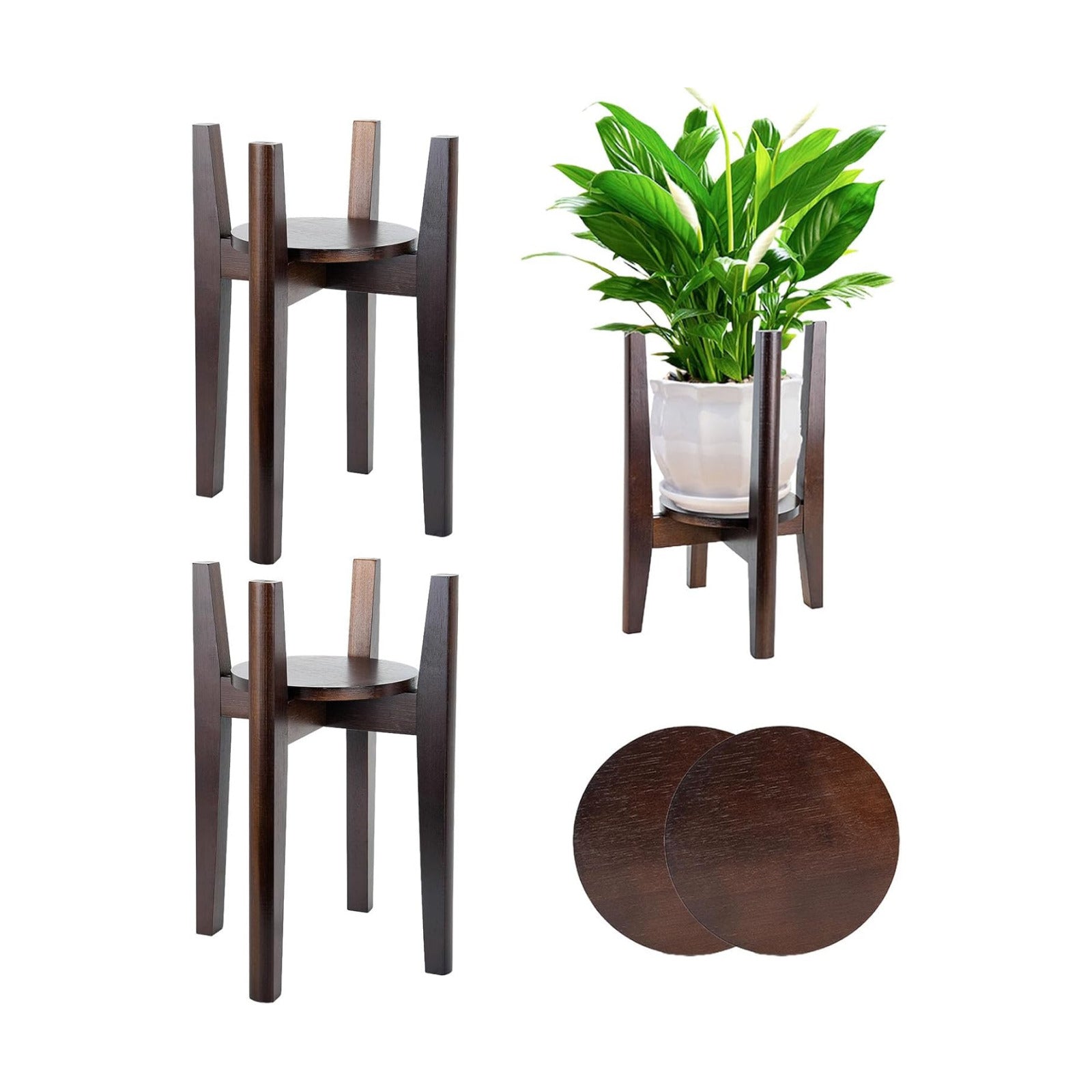 2 Packs Adjustable Plant Stand with Tray,Indoor Wood Plant Stand Fit 8'' to 12'' Planter,Mid Century Modern Flower Pot