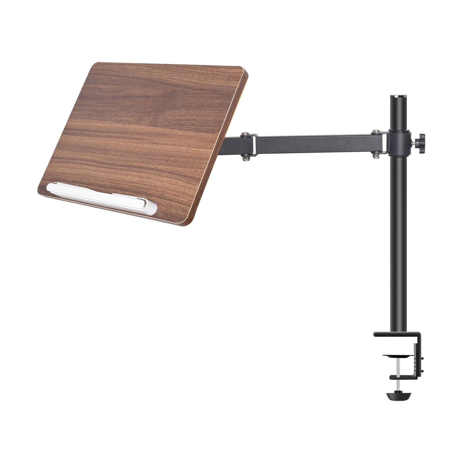 Adjustable Book Stand with Desk Clamp Mount, Wooden Reading Holder with Metal Arm, Black