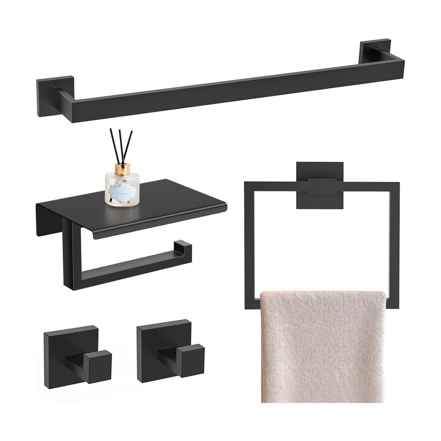 YACVCL 5 Pieces Matte Black Bathroom Hardware Accessorie Set 23.6 Inch Towel Bar Set SUS304 Stainless Steel Towel