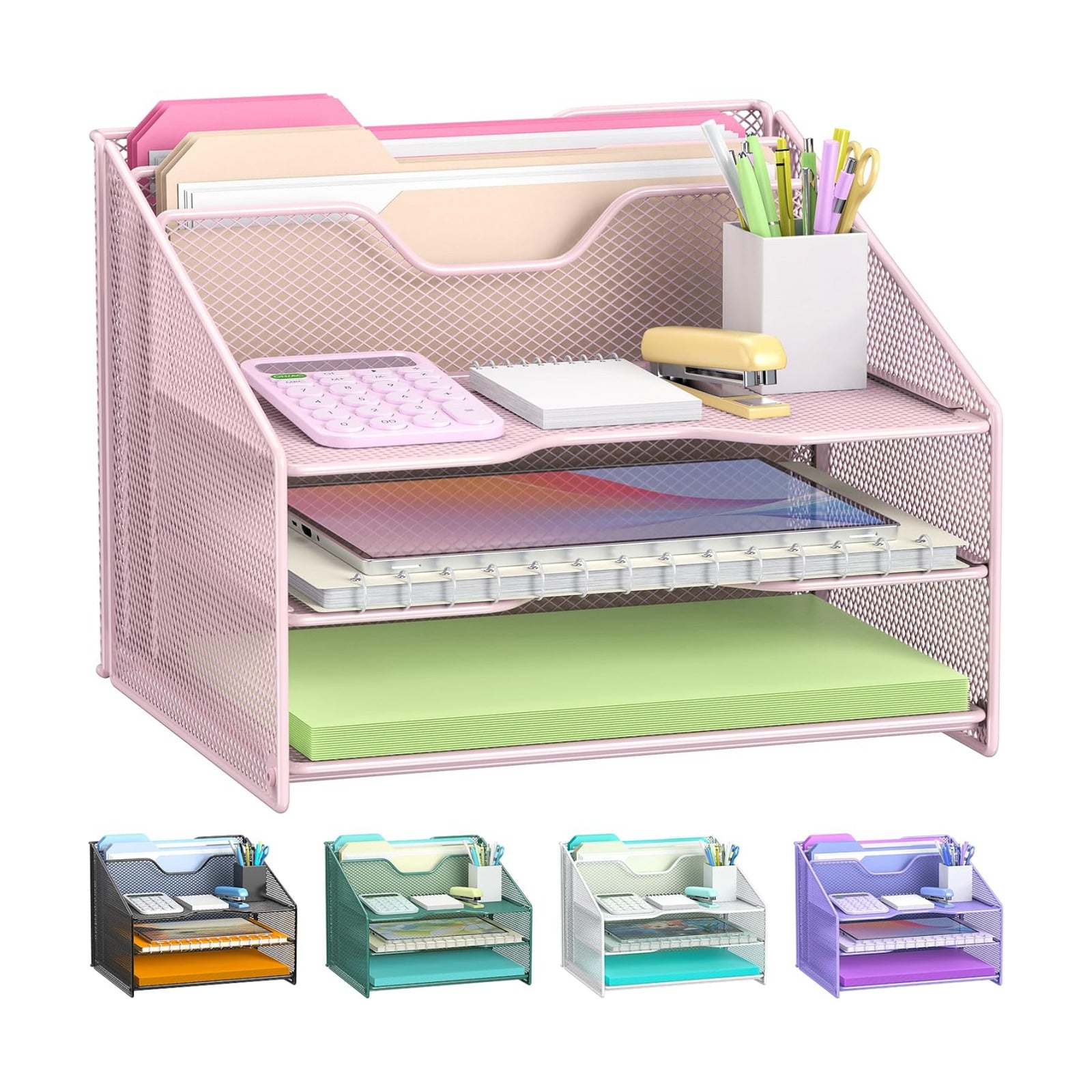 Samstar Pink Desk File Organizer, Mesh Letter File Folder Holder with 3 Paper Trays and 2 Vertical Upright Section, for
