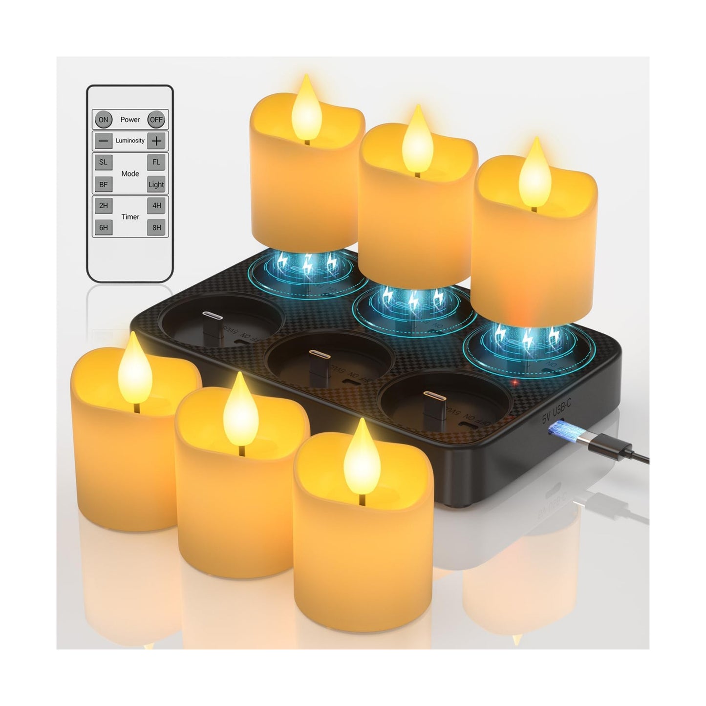 SoulBay Flameless Candles Rechargeable with Remote, 6pcs Electric LED Fake White Votive Candles with Charging Base and