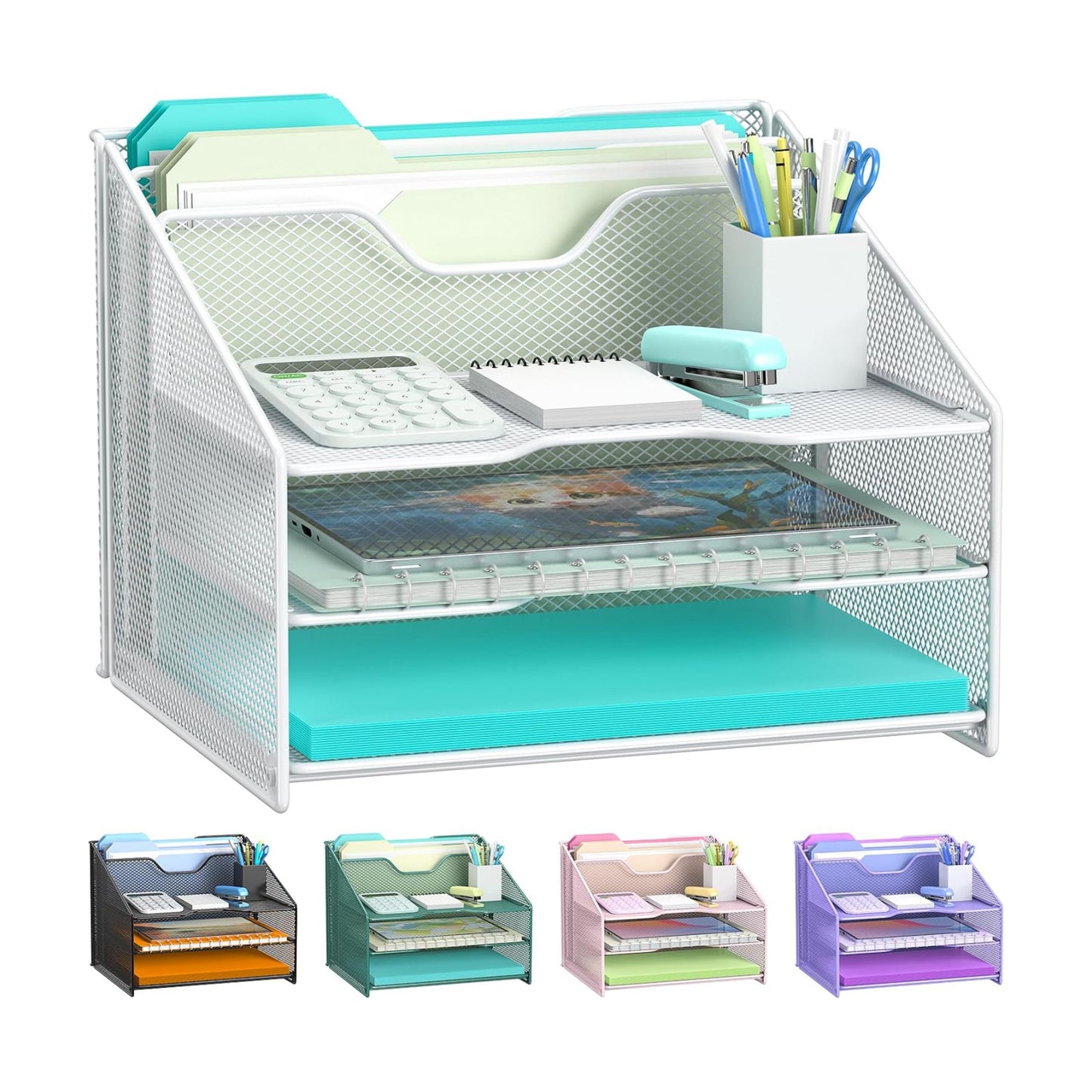 Samstar White Desk File Organizer, Mesh Letter File Folder Holder with 3 Paper Trays and 2 Vertical Upright Section