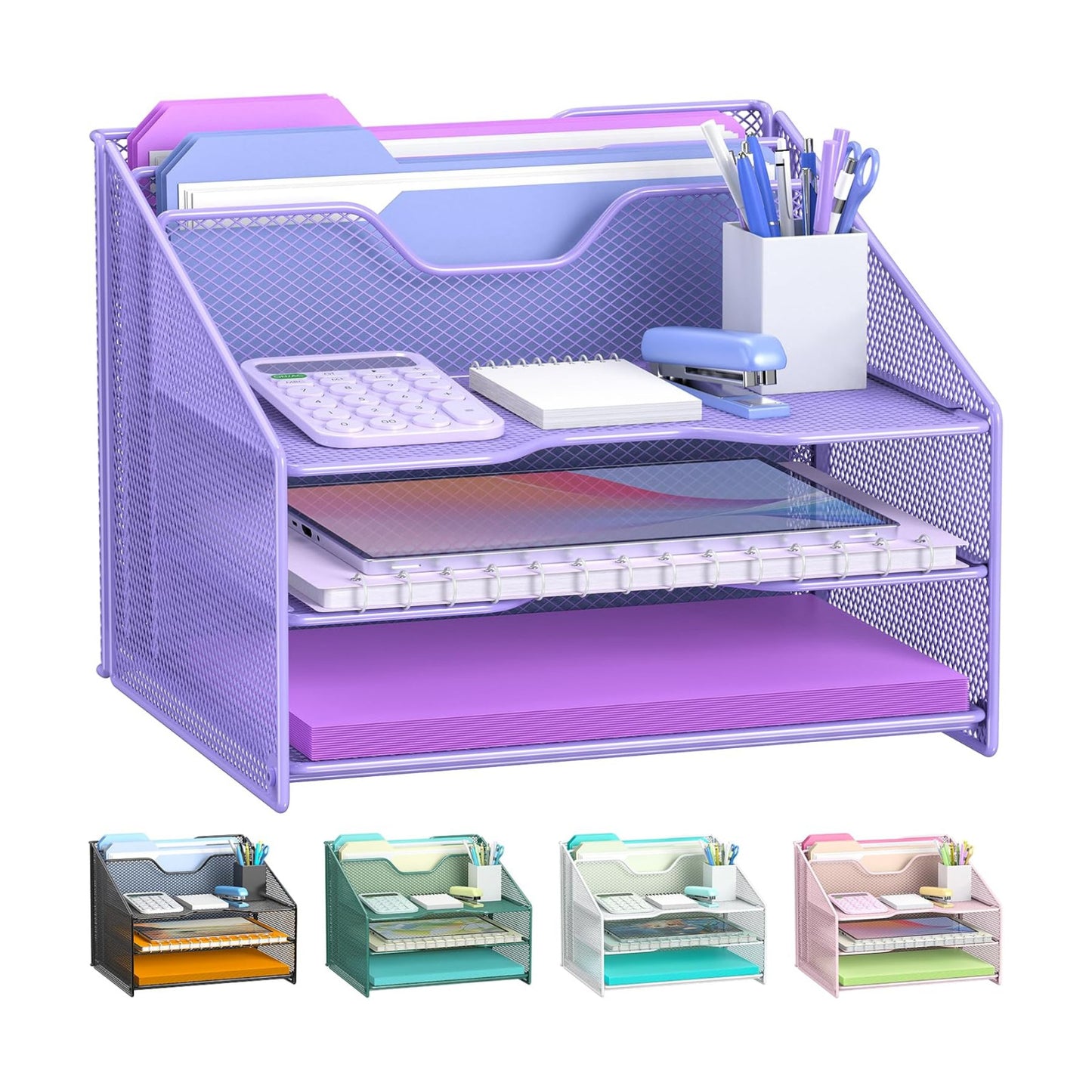 Samstar Purple Desk File Organizer, Mesh Letter File Folder Holder with 3 Paper Trays and 2 Vertical Upright Section