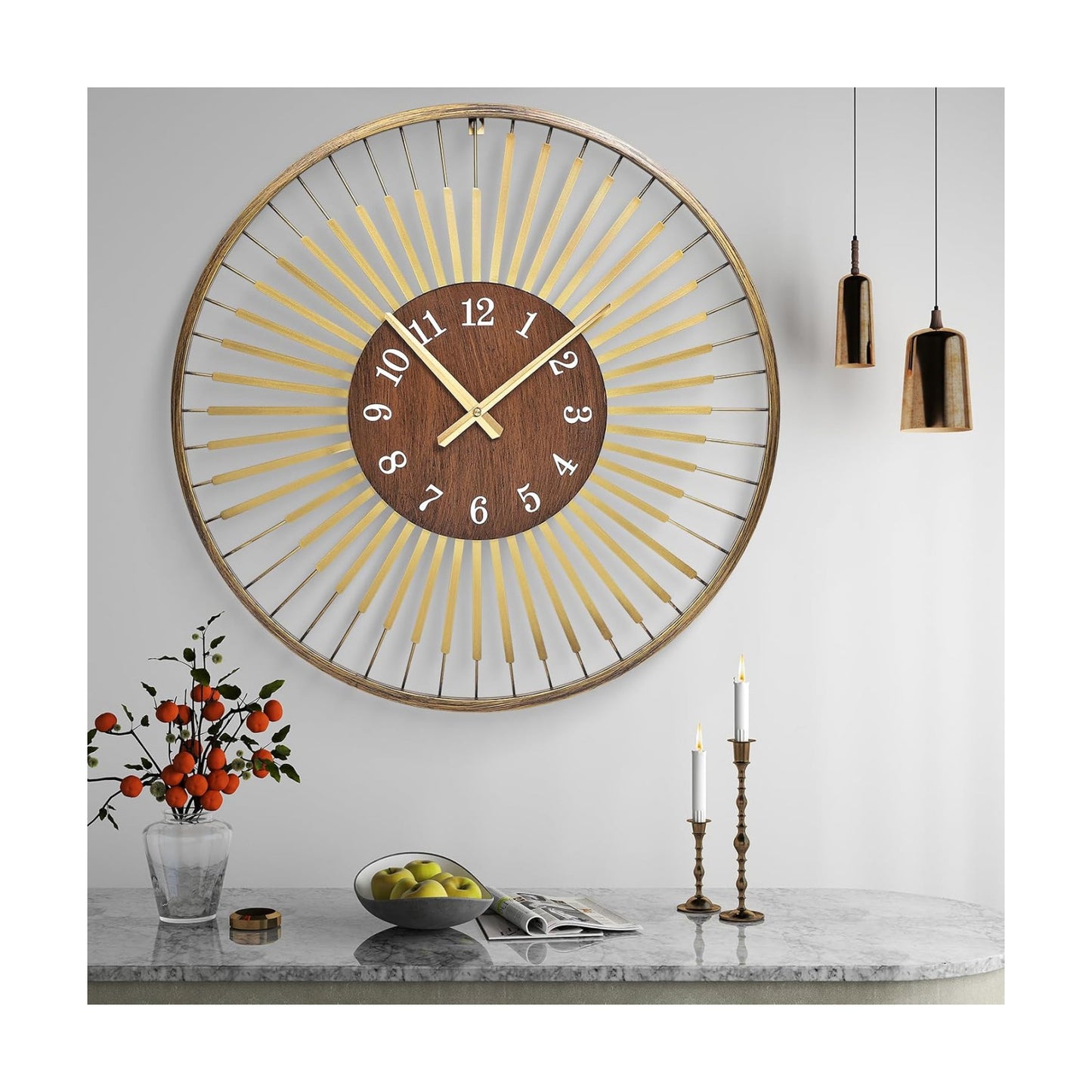 24 Inch Mid-Century Modern Wall Clock | round frame with walnut center, silent quartz clock, gold accents, decor wall