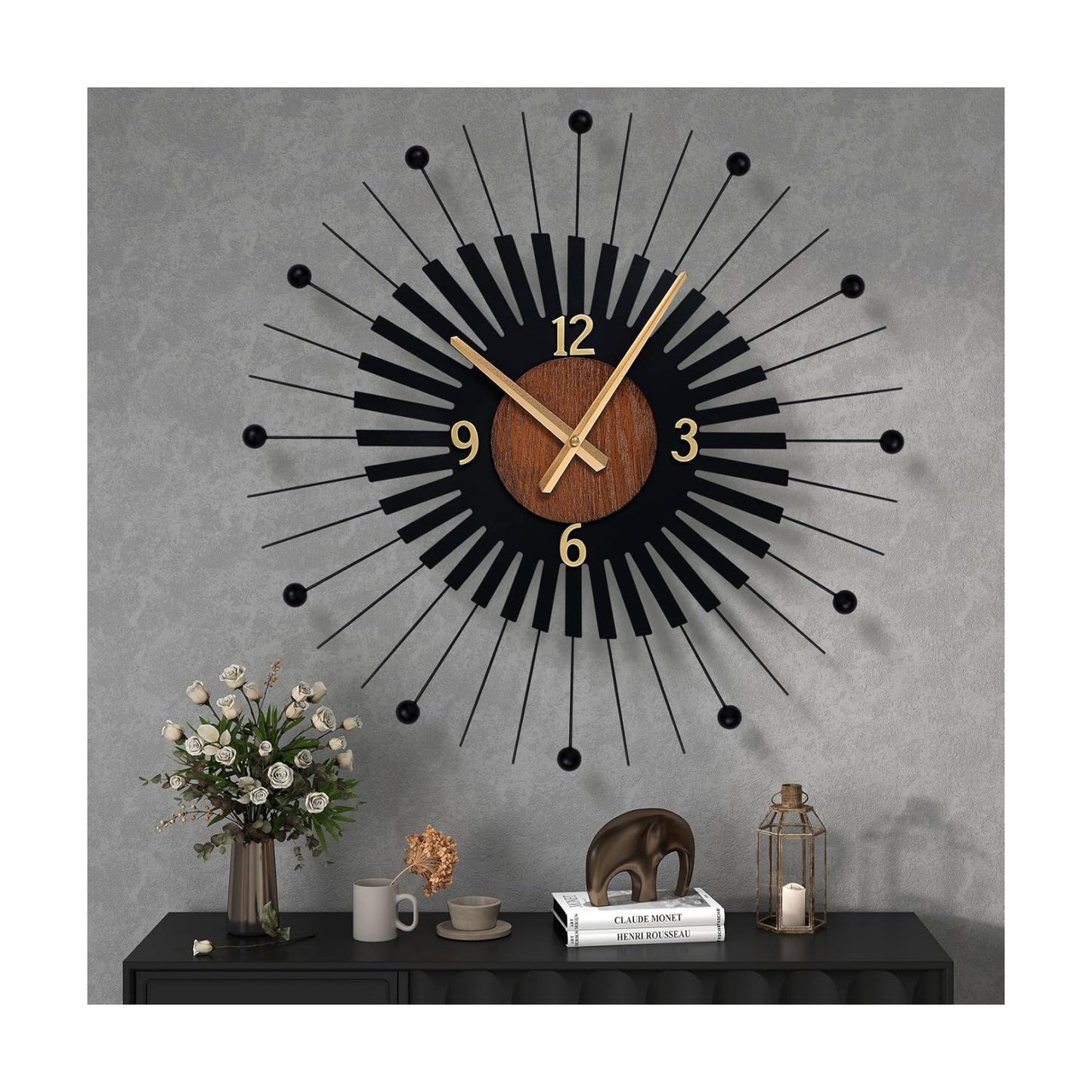 22 Inch Modern Sunburst Wall Clock Battery Operated Silent Quartz Movement | Black Metal Radiating Design with Walnut
