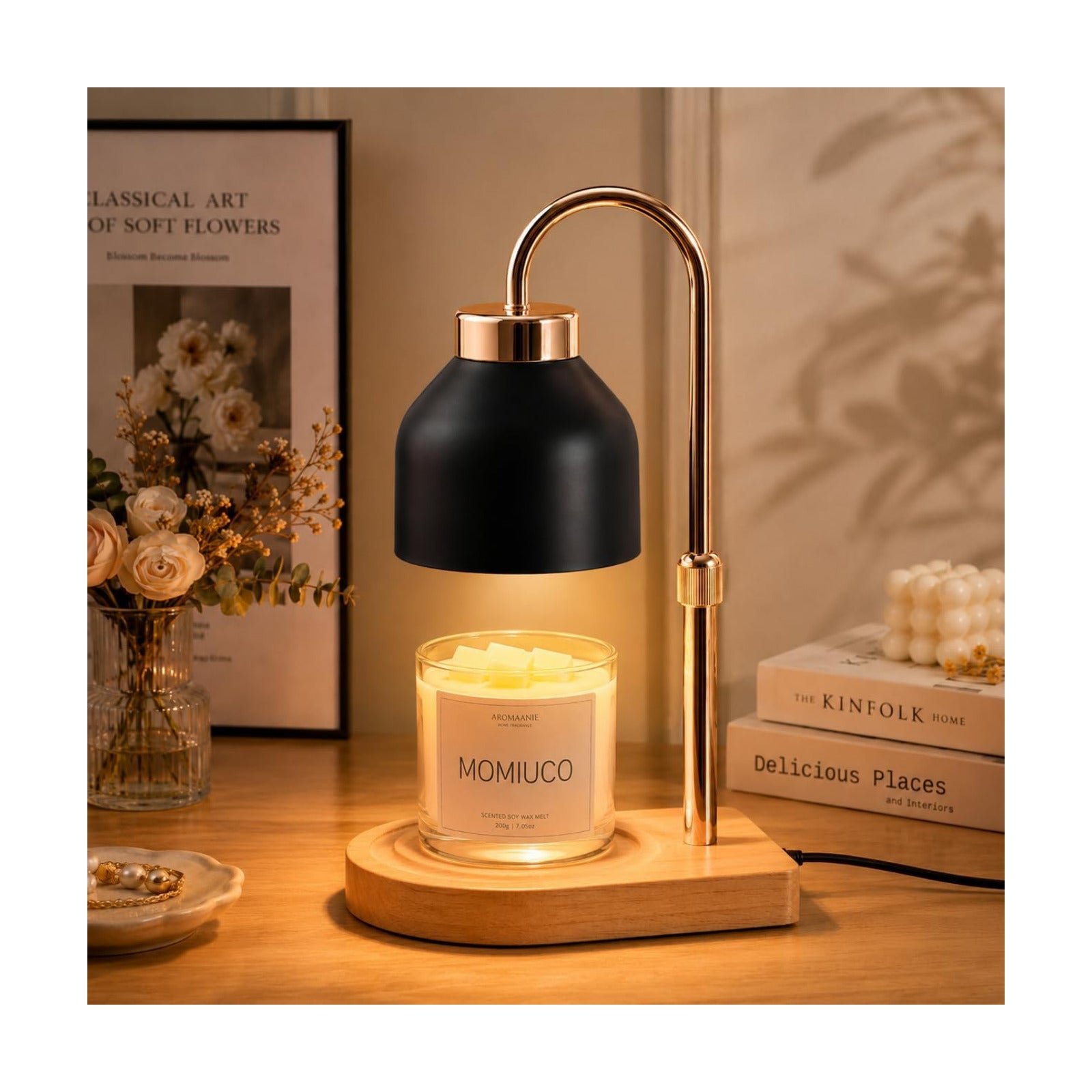 Candle Warmer Lamp with Timer, Height Adjustable Wax Melt Warmer | Modern retro black glass shade, wood base, aesthetic