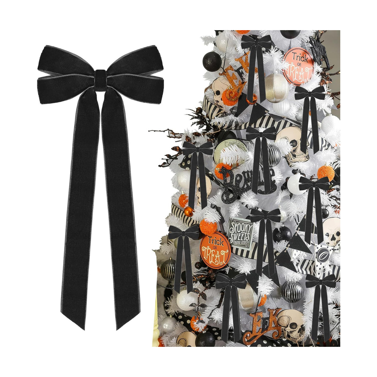 Hongsome 12Pcs Black Velvet Ribbon Bows Halloween Tree Decorations,5in x 10in Christmas Ornaments for Tree Home Party Front Door Wreath Holiday Decor
