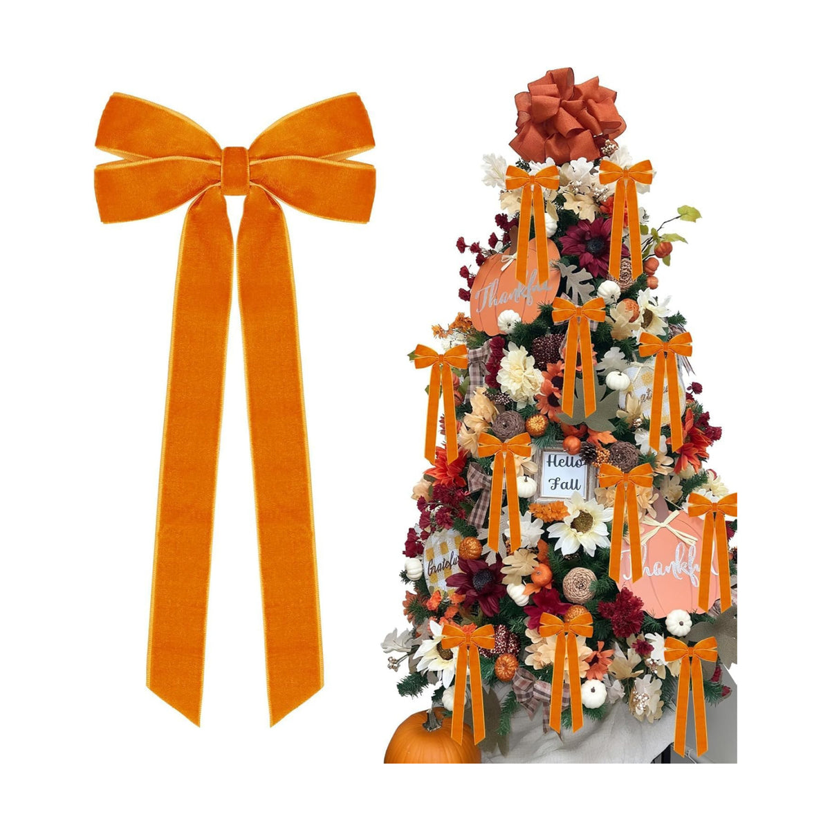 Hongsome 12Pcs Fall Velvet Ribbon Bows Tree Decorations 5in x 10in Orange