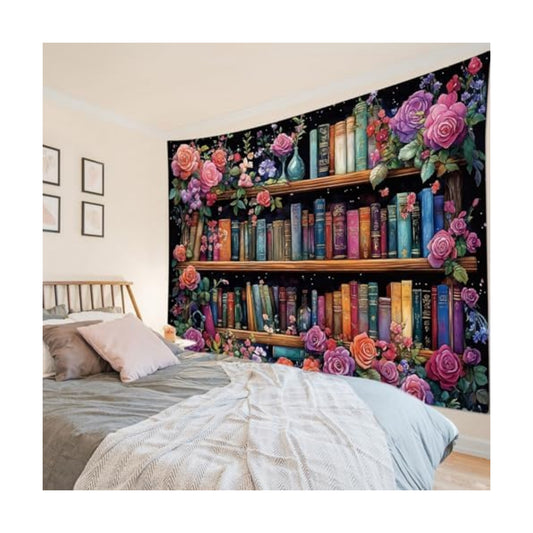 HVEST Bookshelf Wall Tapestry Pink Floral Green Leaf Watercolor Plant Botanical Aesthetic Tapestry Wall Hanging Vintage Library Book Tapestries for Bedroom Living Room Dorm, 70.9L x 92.5W Inches