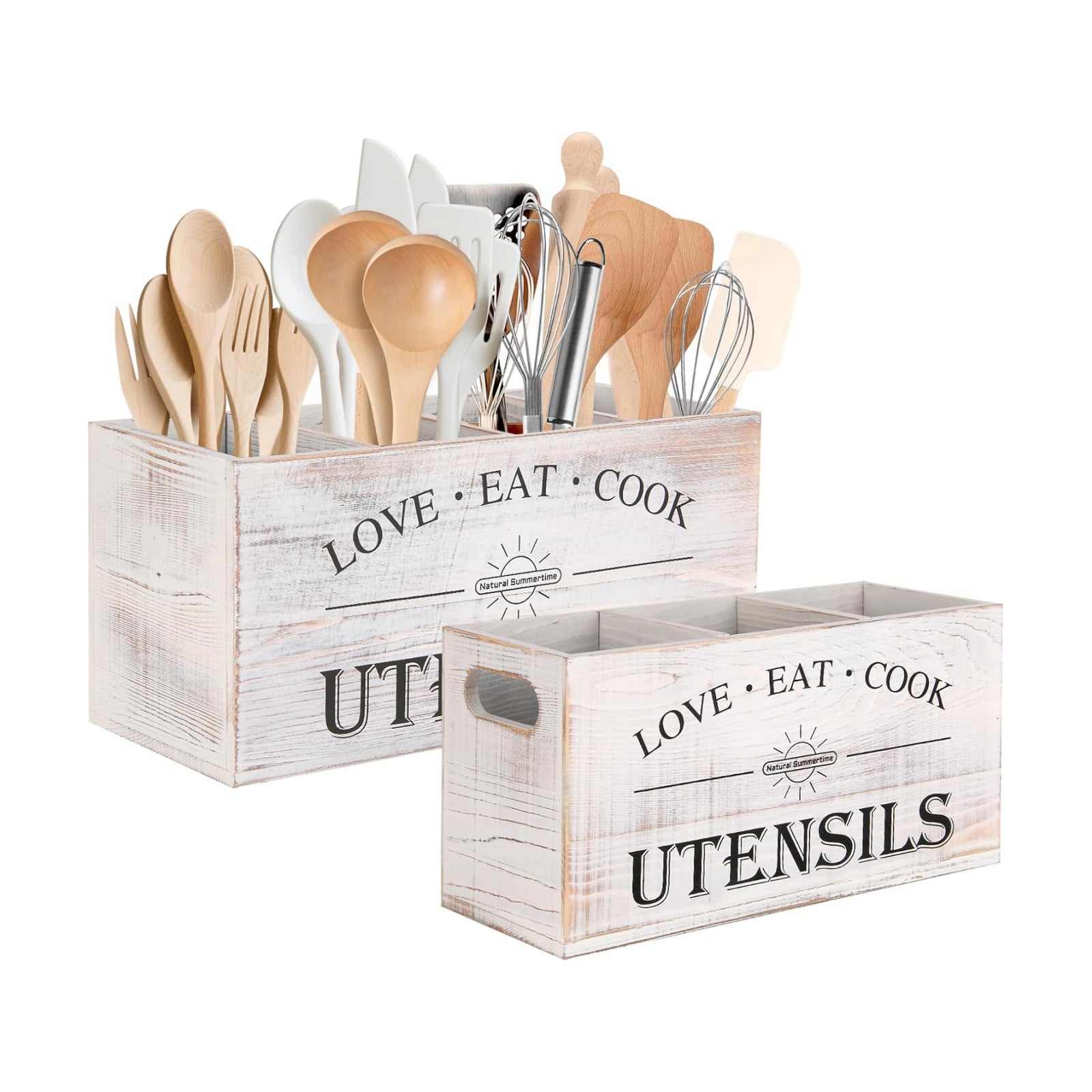 2 PC Wooden Utensil Holder,（With 4-Compartments size*1 + 3-Compartments size*1） Extra Large Kitchen Counter,Cooking