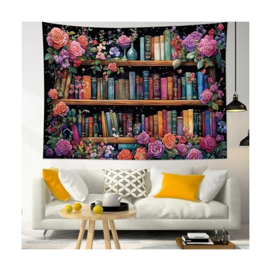 HVEST Bookshelf Tapestry Wall Hanging Pink Floral Green Leaf Watercolor Plant Botanical Aesthetic Tapestry Vintage Library Book Tapestries for Bedroom Living Room Dorm, 51L x 59W Inches
