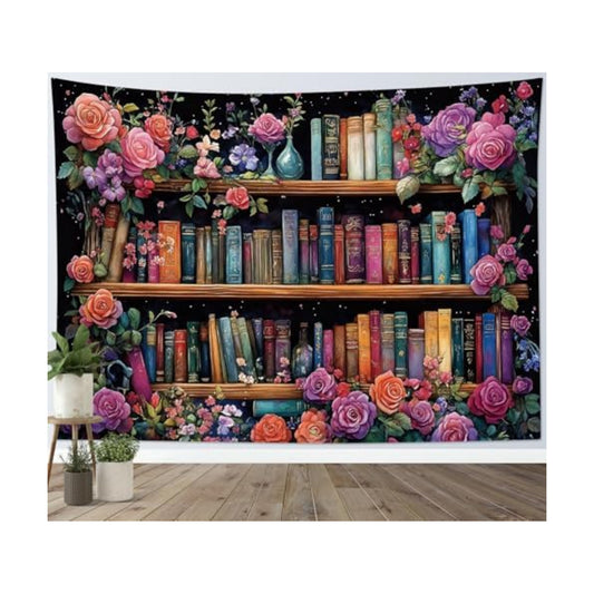 HVEST Bookshelf Tapestry Wall Hanging Pink Floral Green Leaf Watercolor Plant Botanical Aesthetic Wall Decor Vintage Library Book Tapestry for Bedroom Living Room Dorm, 60L x 80W Inches