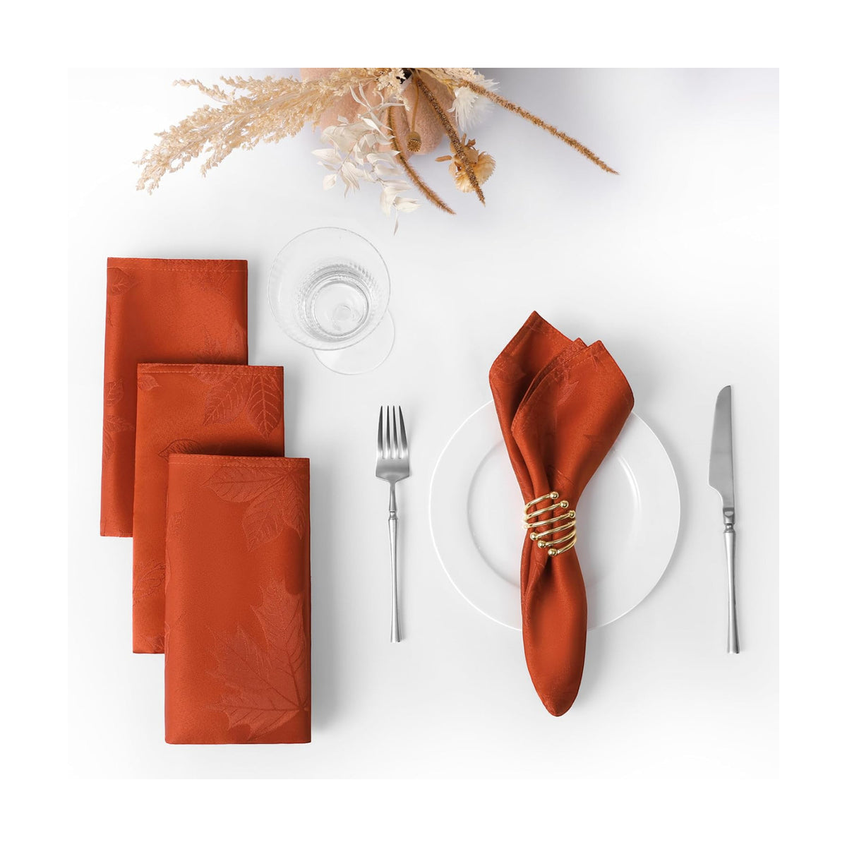 Softalker Fall Jacquard Dinner Napkins 20 x 20 Inch Set of 4, Burnt Orange