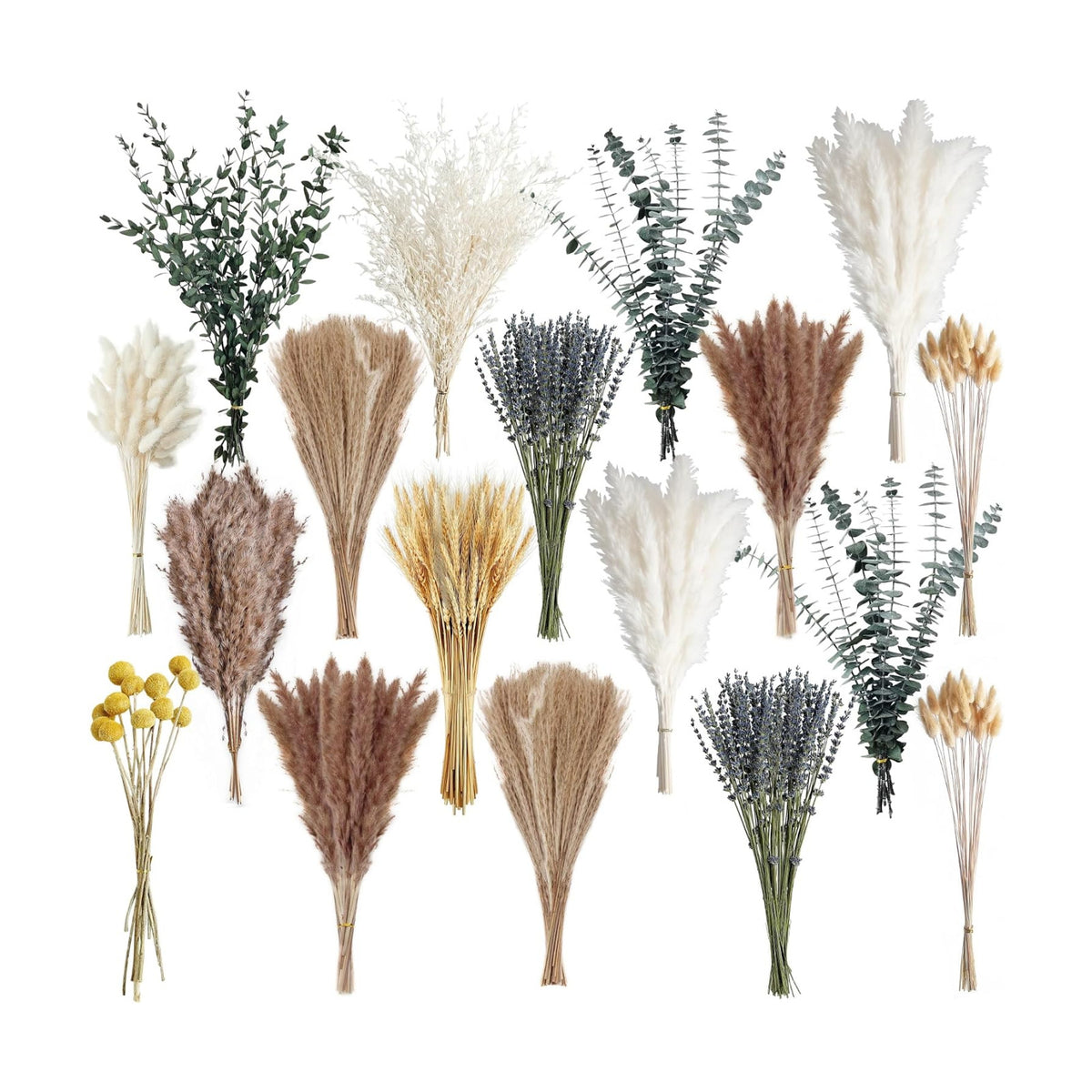 500PCS Dried Pampas Grass Bouquet – Boho Dried Flowers for Vase, White & Brown Pampas, Bunny Tails, Eucalyptus, Wheat & Lavender – Natural Floral Decor for Home, Wedding, Baby Shower &Photoshoot Props