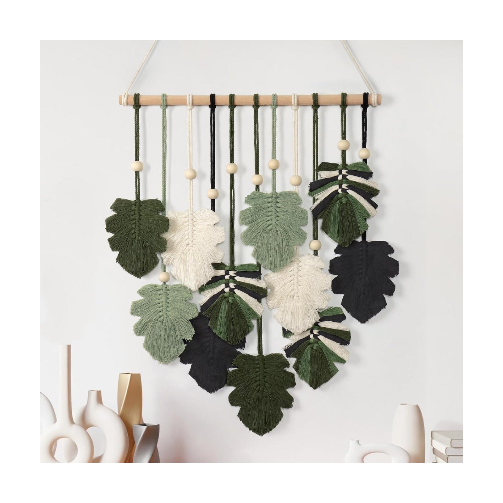 Macrame Wall Hanging Boho Home Decor / Green Black Beige