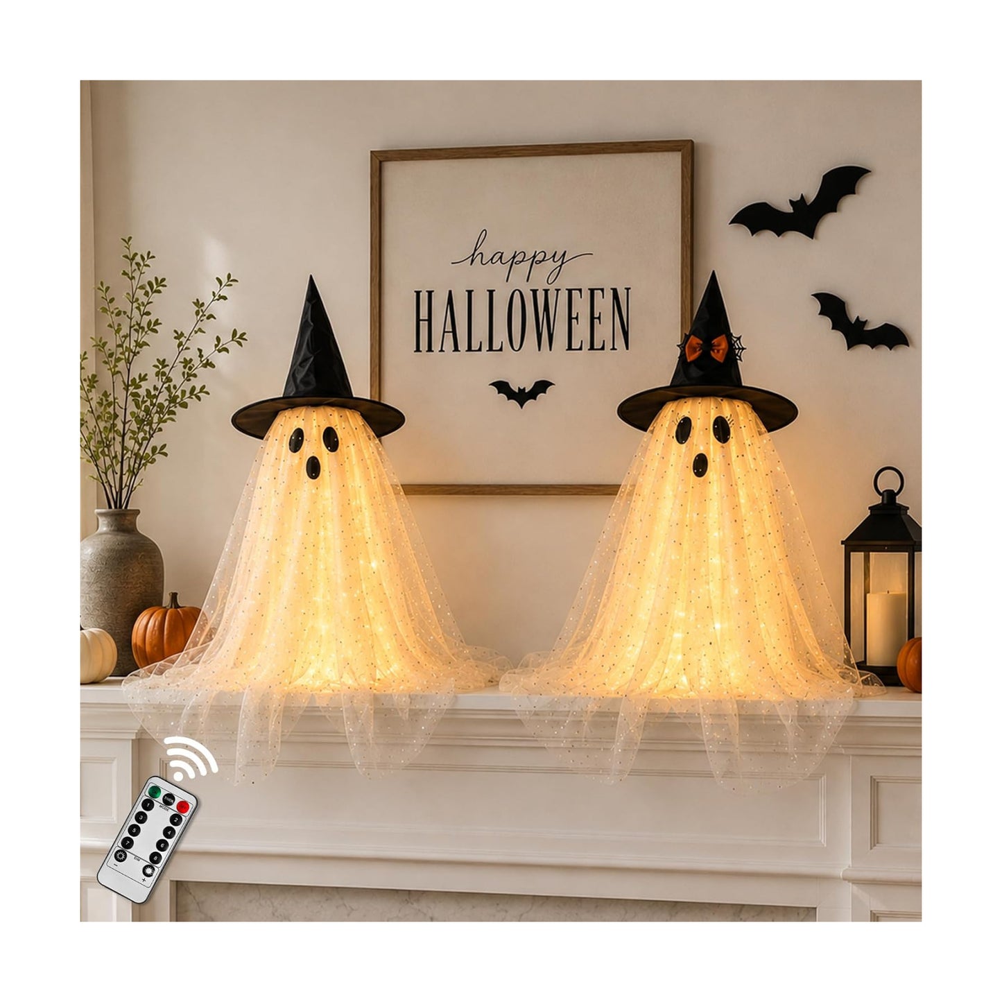 AYGXU 2pcs Halloween Decorations Indoor,Ghost Decor with String Lights Remote Control,Halloween Party