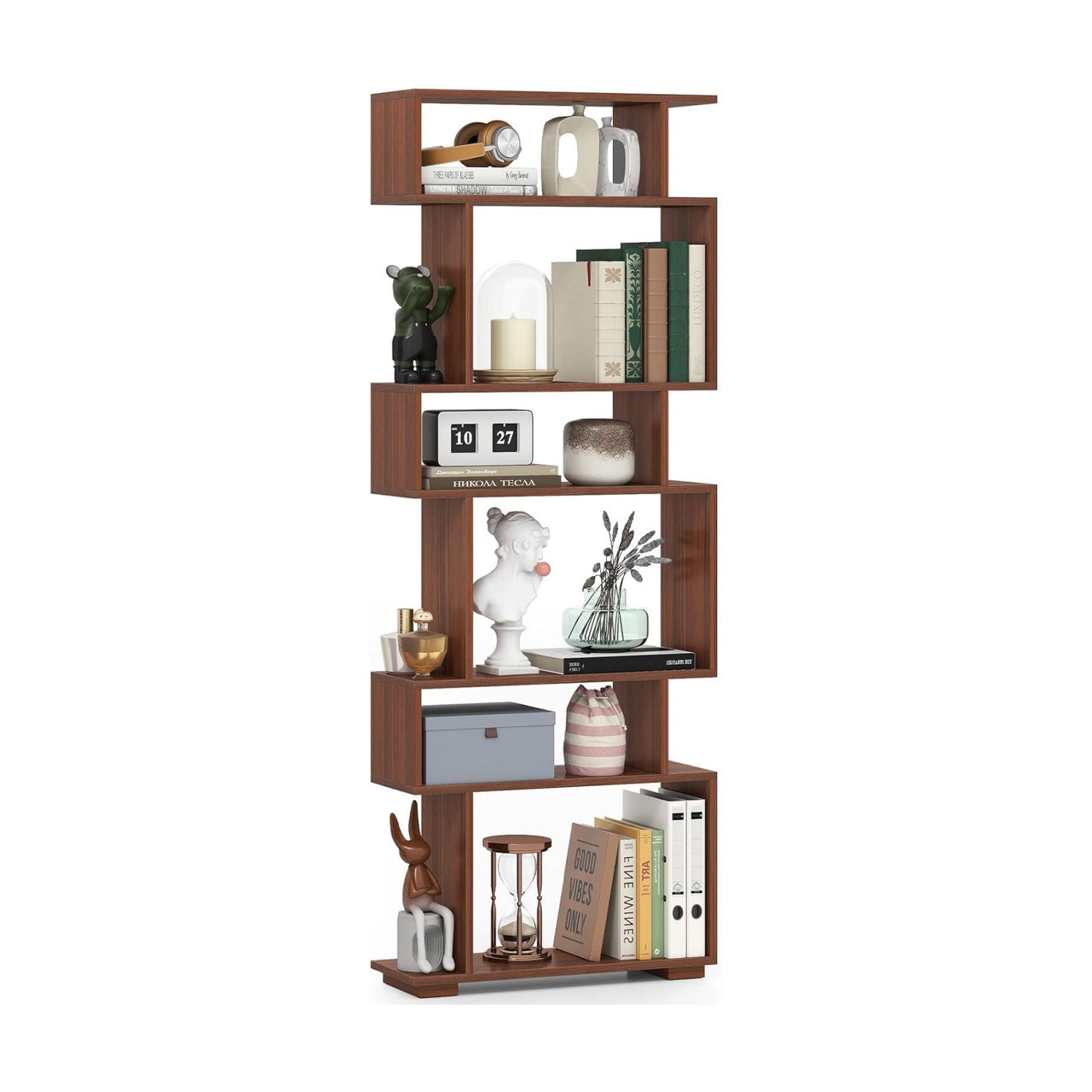 Giantex 6-Tier Geometric Bookshelf, S-Shaped Bookcase with 2 Anti-Tipping Kits, Wooden Display Shelf, Decorative