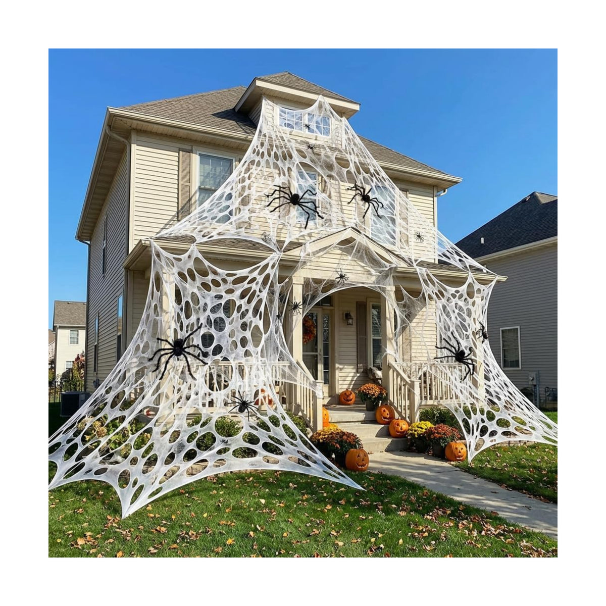 1000 Sqft（After Streched with Holes）Uncut Giant DIY Spider Web Halloween Decorations Outdoor with 10 Ground Nails Stretchy Beef Cloth Netting Cut-Your-Own Flexible Elastic for Yard Party Decor