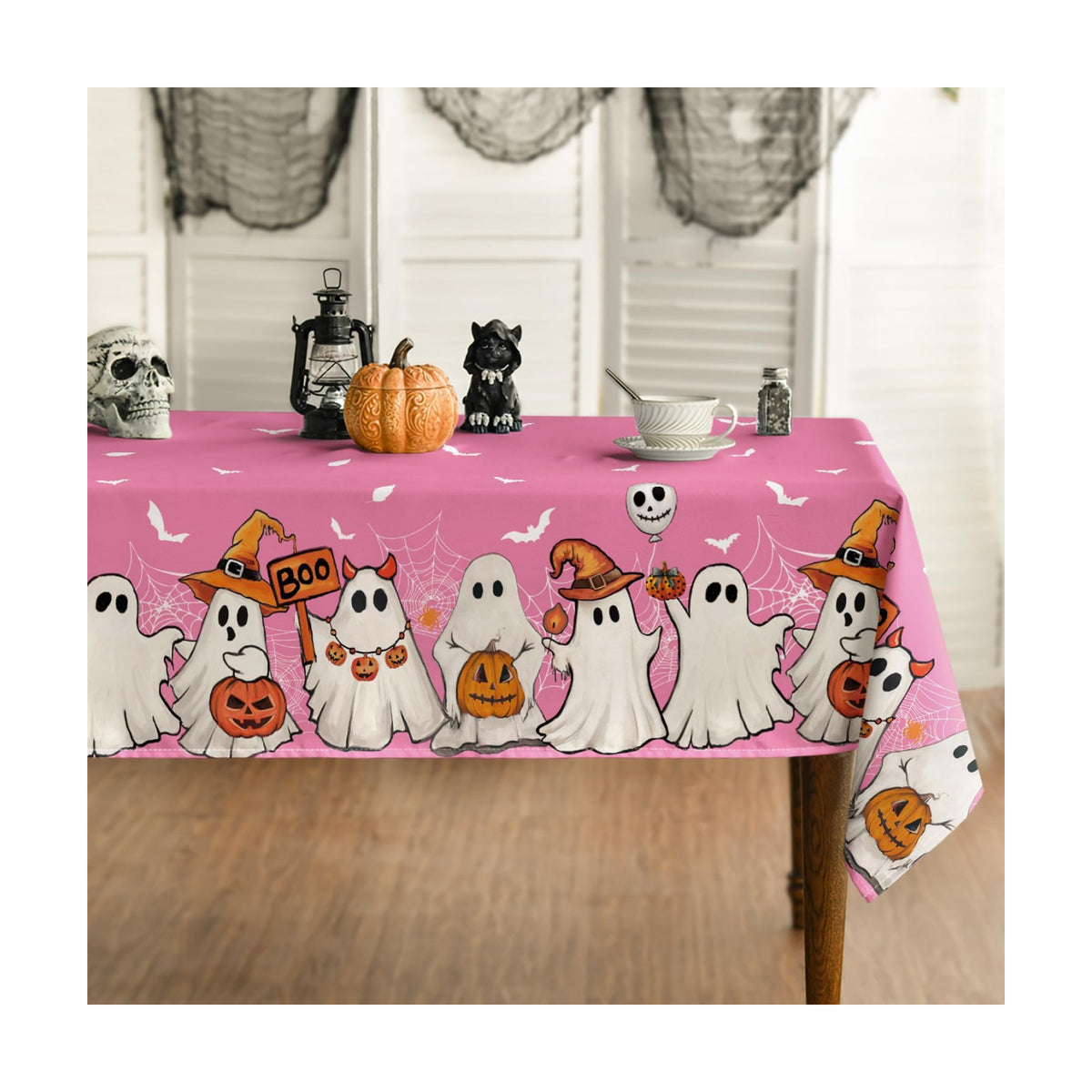 Horaldaily Halloween Tablecloth 60 x 104 Inch Rectangular Pink Bat Ghost