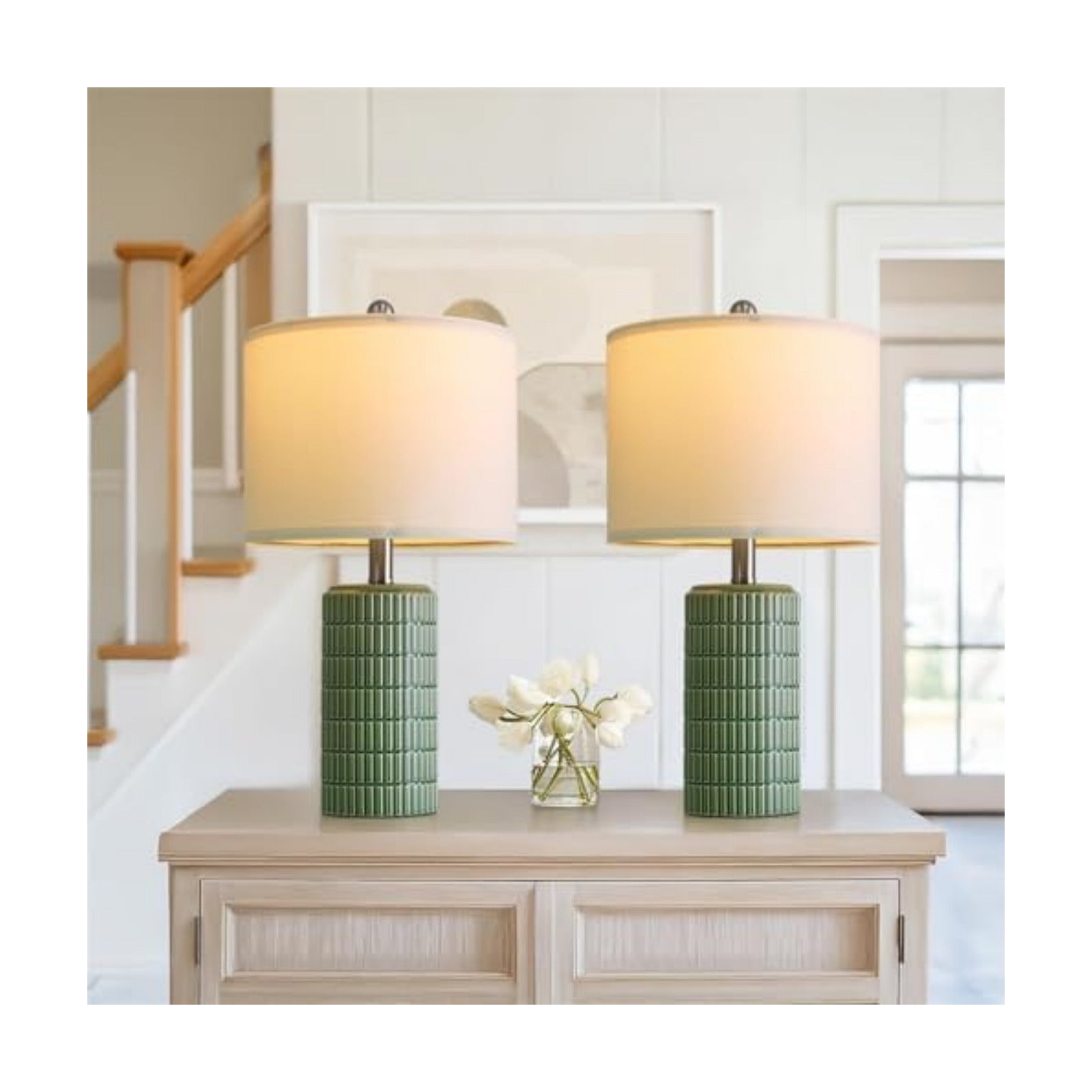 PoKat 20.75" Small Modern Ceramic Table Lamps Set of 2 for Bedroom, Green Bedside Lamps for Night Stands, Farmhouse