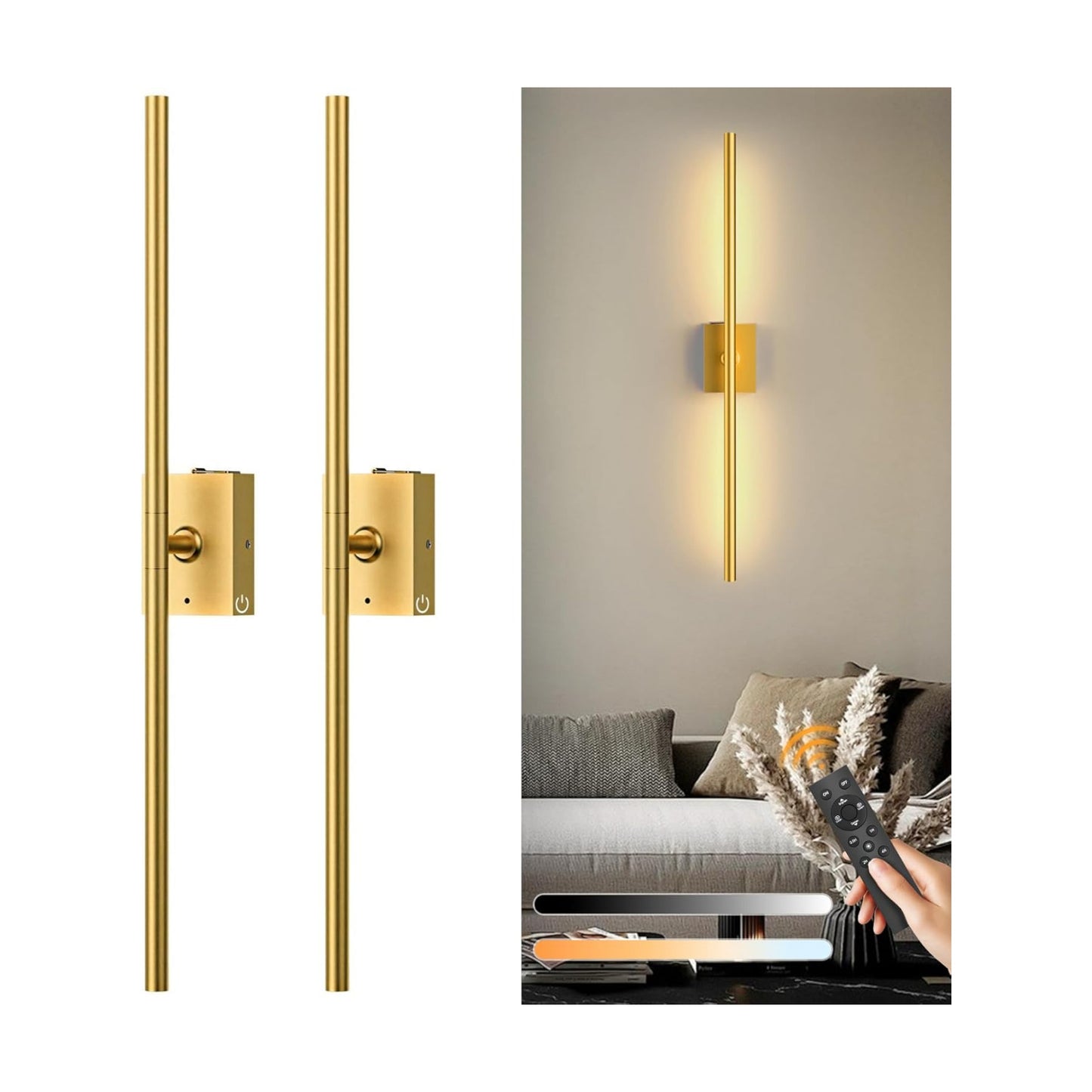 Eneru Battery Operated Wall Sconces Set of 2, Gold Wireless LED Wall Light | Rechargeable 10000mAh, Touch and Remote
