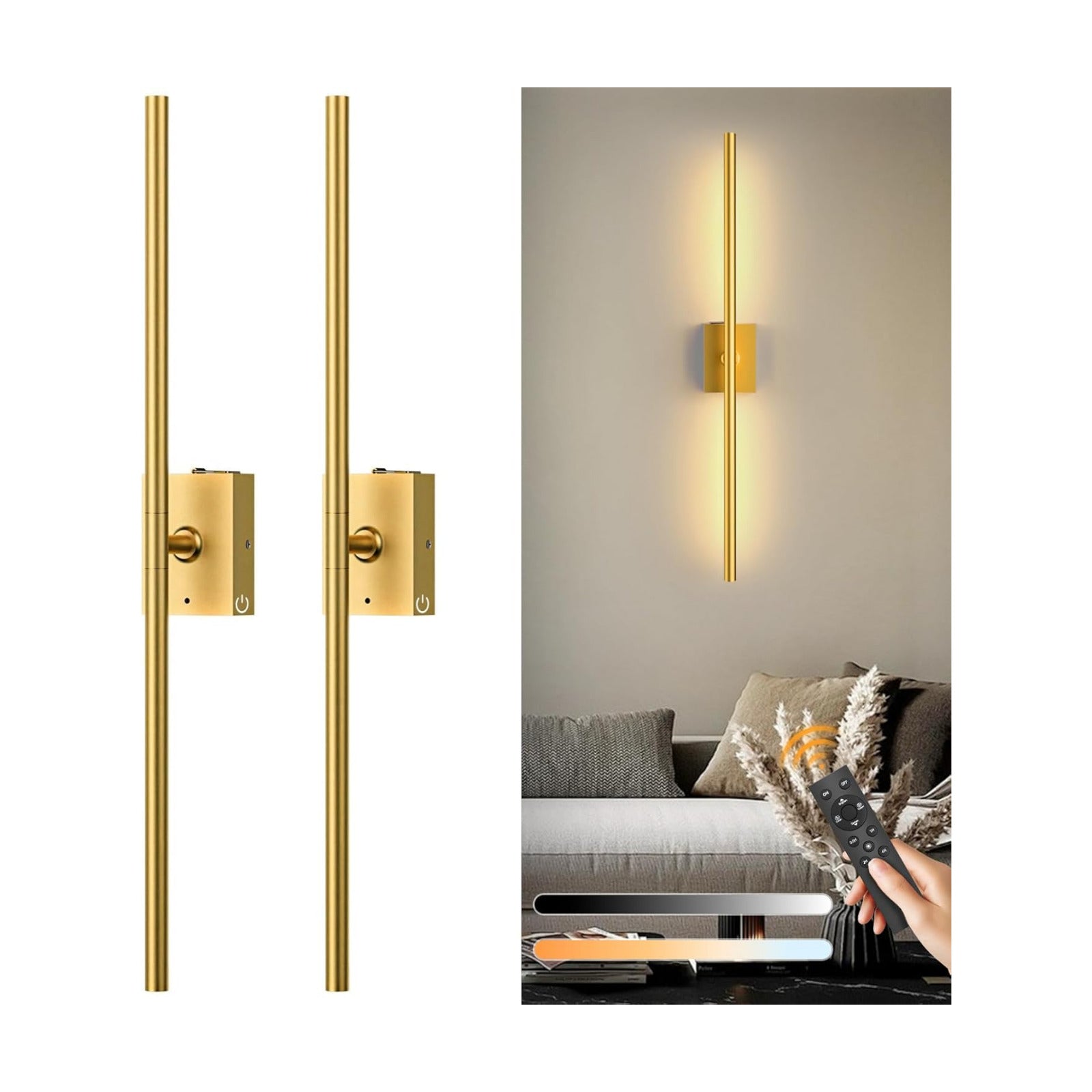 Eneru Battery Operated Wall Sconces Set of 2, Gold Wireless LED Wall Light | Rechargeable 10000mAh, Touch and Remote