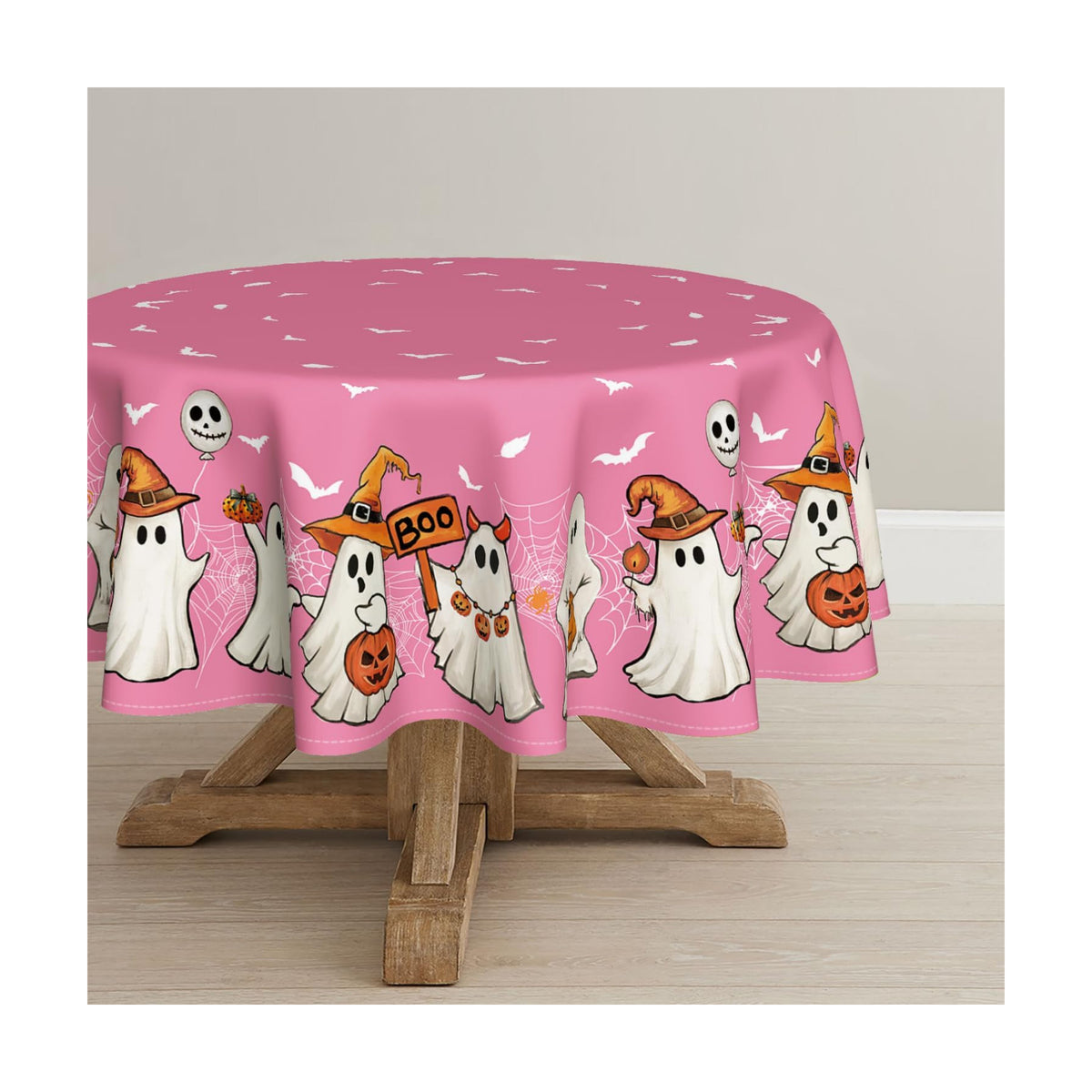 Horaldaily Halloween Tablecloth 70 x 70 Inch Round Pink Bat Ghost Pumpkin