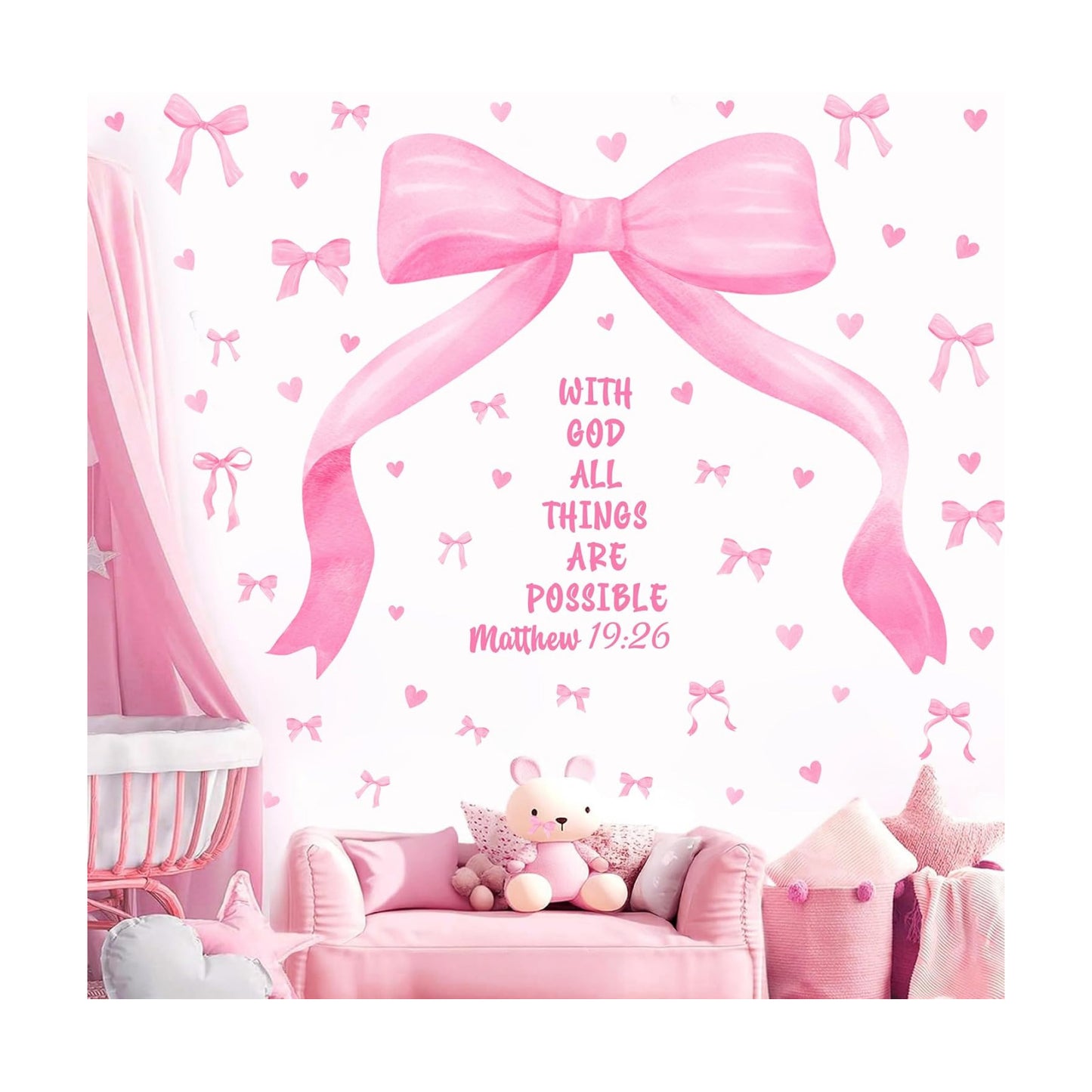 Large Watercolor Girls Room Wall Decals Pink Bow Wall Stickers Peel and Stick Pastel / Pink Bowtie