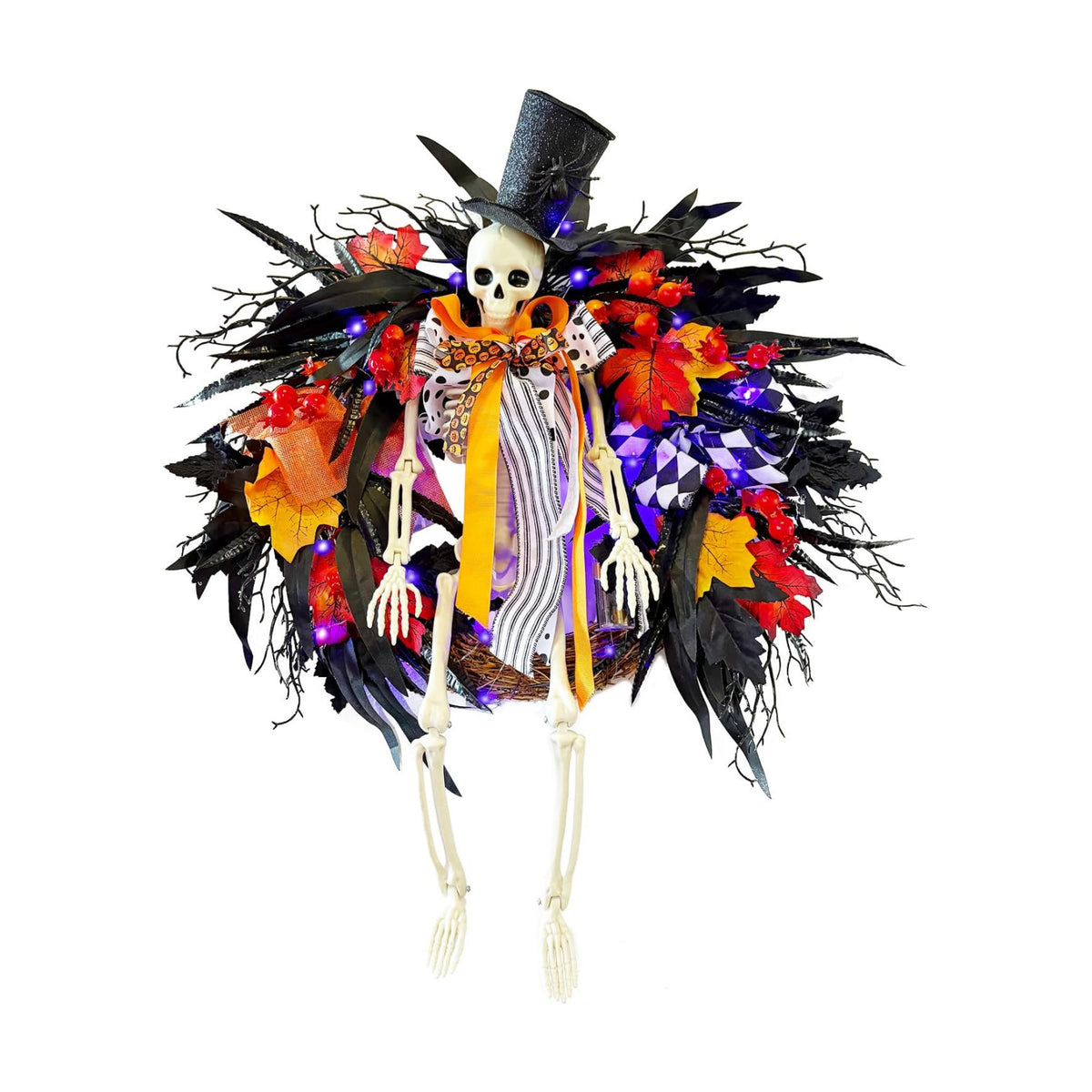 HipTree 28 Inch Halloween Skeleton Wreath for Front Door with Lights
