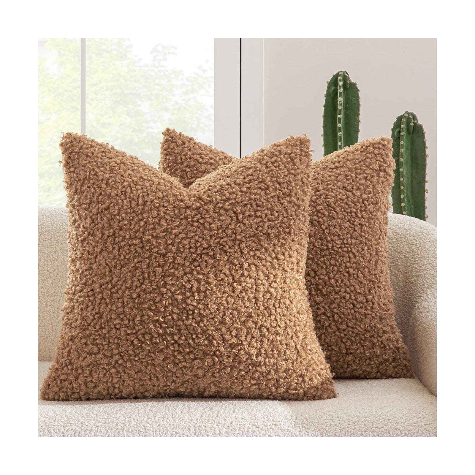 Throw Pillow Covers Faux Fur Decorative Sherpa Pillow Covers Fuzzy / 18 x 18 / Brown / Set of 2
