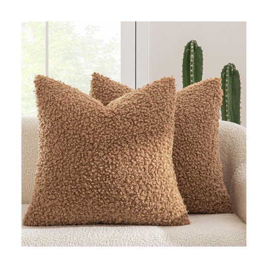 Throw Pillow Covers Faux Fur Decorative Sherpa Pillow Covers Fuzzy / 18 x 18 / Brown / Set of 2