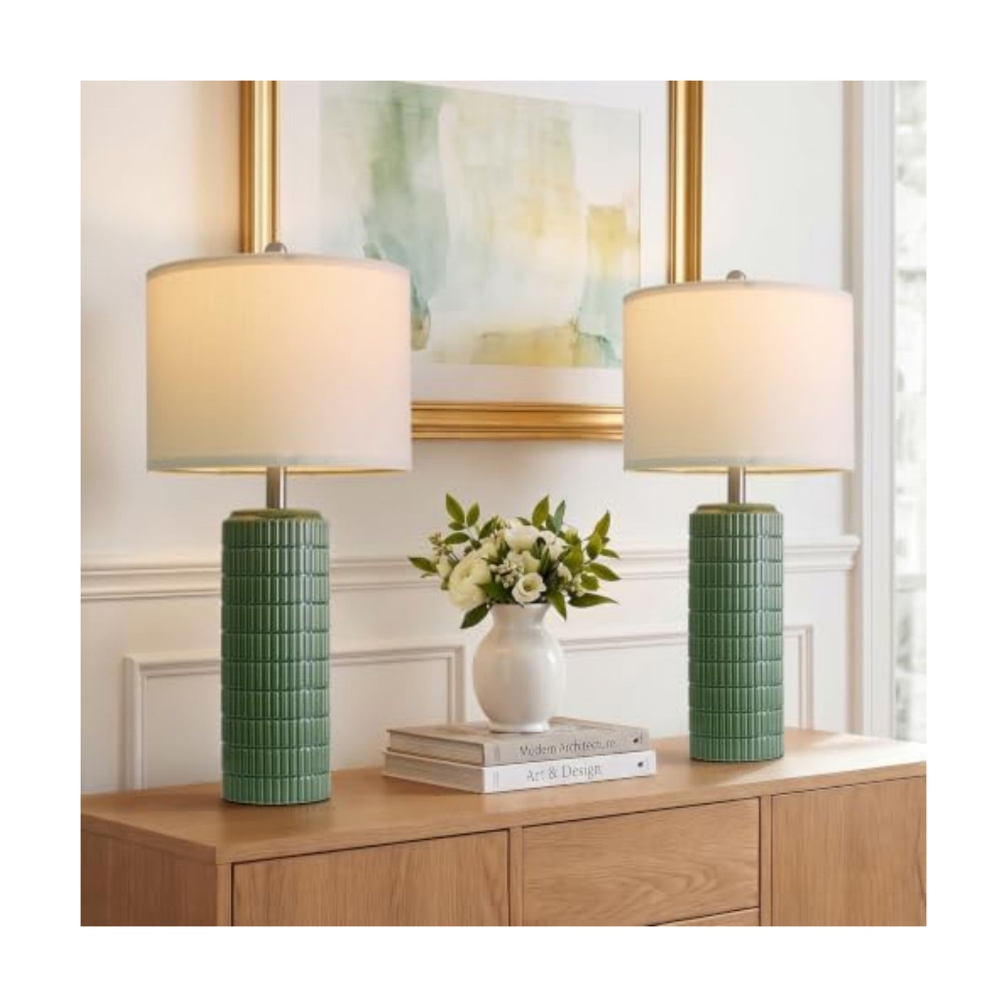 PoKat 27.5" Dark Green Ceramic Table Lamps for Living Room, Farmhouse Table Lamps Set of 2 for Bedroom Night Stands