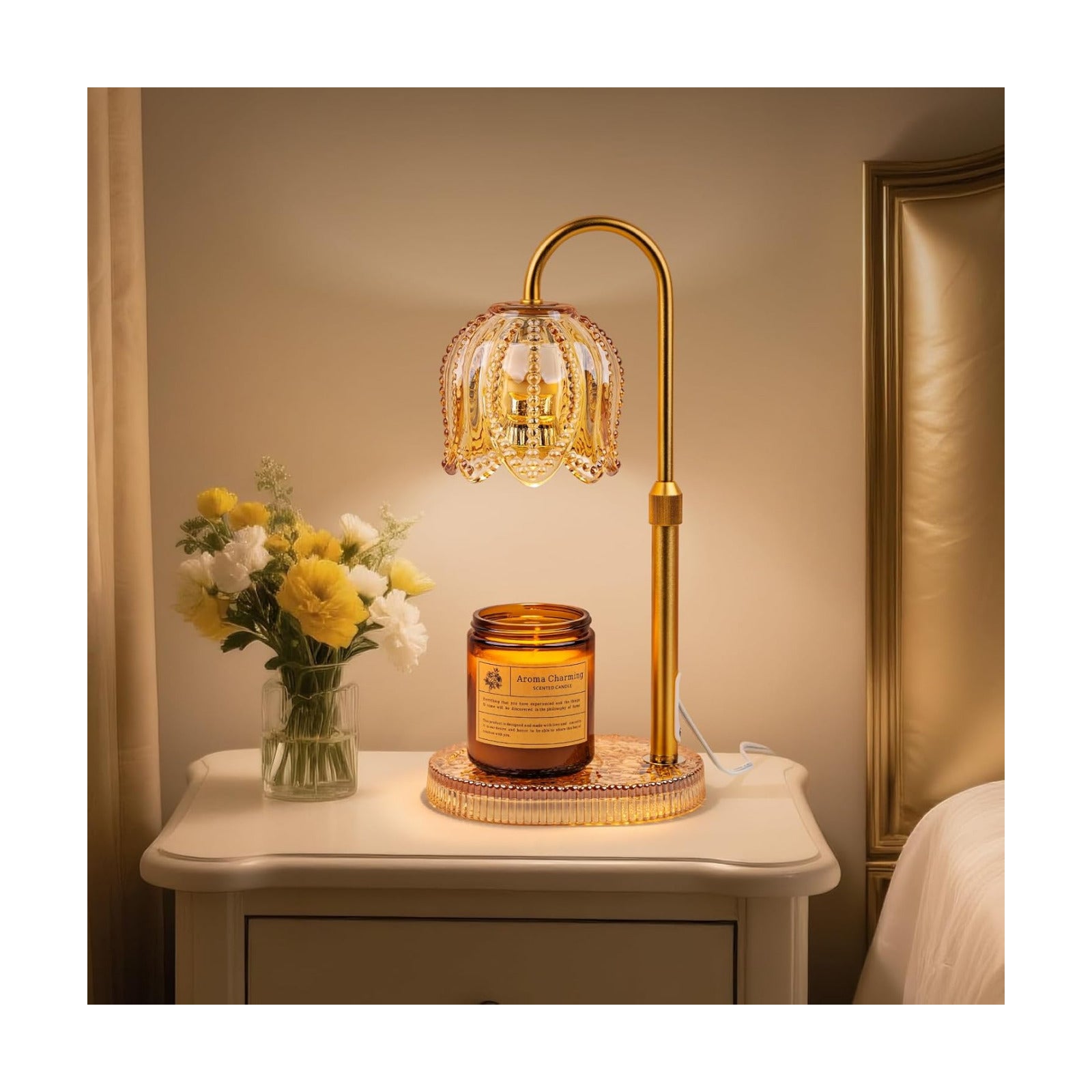 Petal Candle Warmer Lamp with Timer & Dimmable Light Champagne Gold | Adjustable Height Jar Melter on Crystal Glass