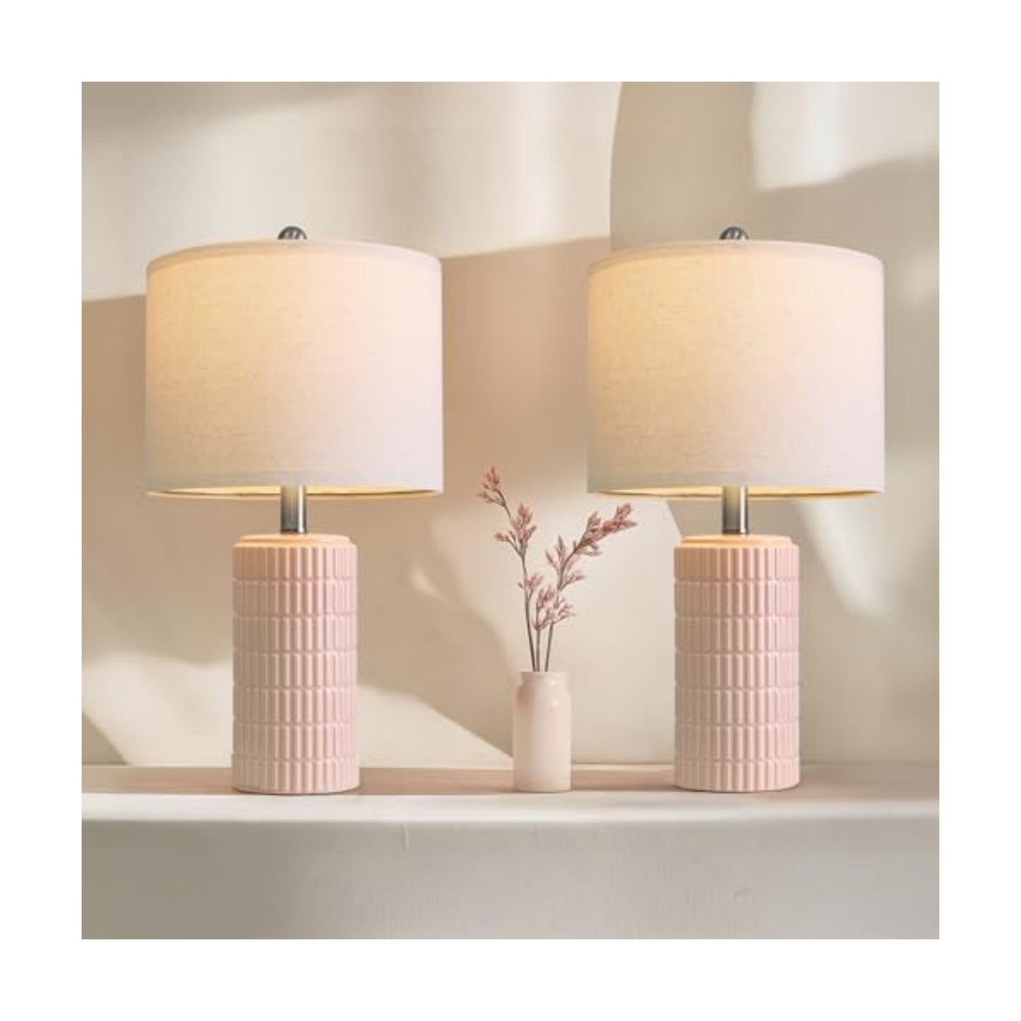 PoKat 20.75" Pink Ceramic Table Lamps Set of 2, Small Modern Bedroom Lamps for Girls Room, Bedside Lamps for Night