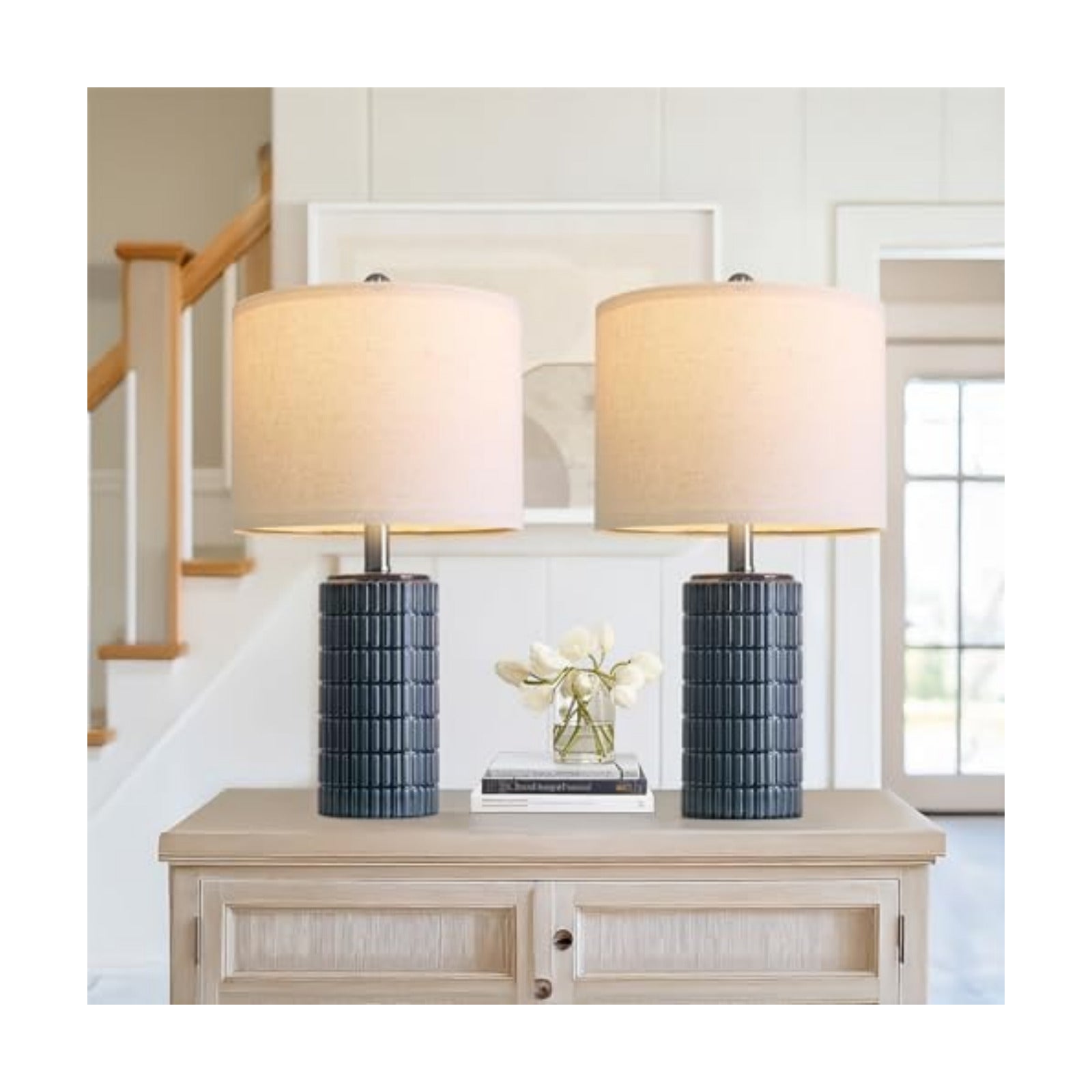 PoKat 20.75" Small Blue Table Lamps, Farmhouse Bedside Lamps for Bedroom Set of 2, Ceramic End Table Lamps for Night