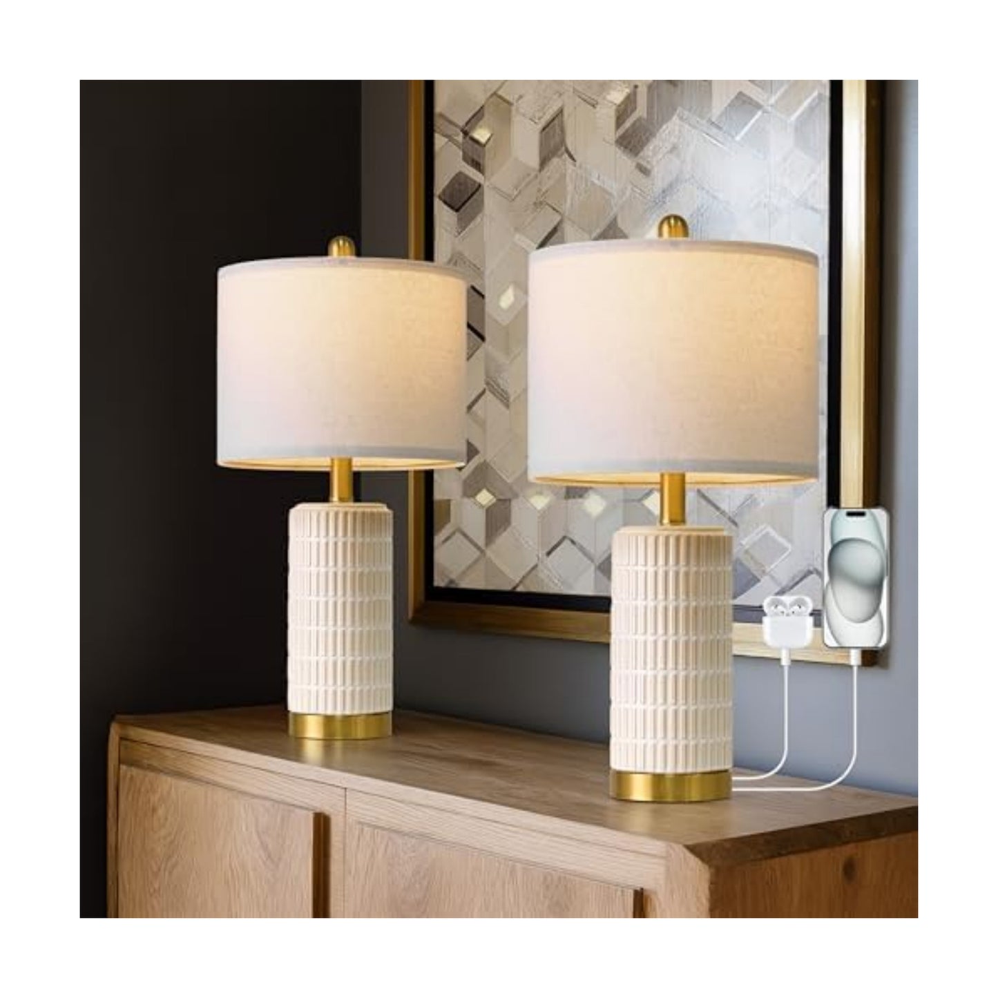 PoKat Small Bedside Table Lamps with USB Ports for Bedroom, 21.5'' White Nightstand Lamps for Night Stands, Modern