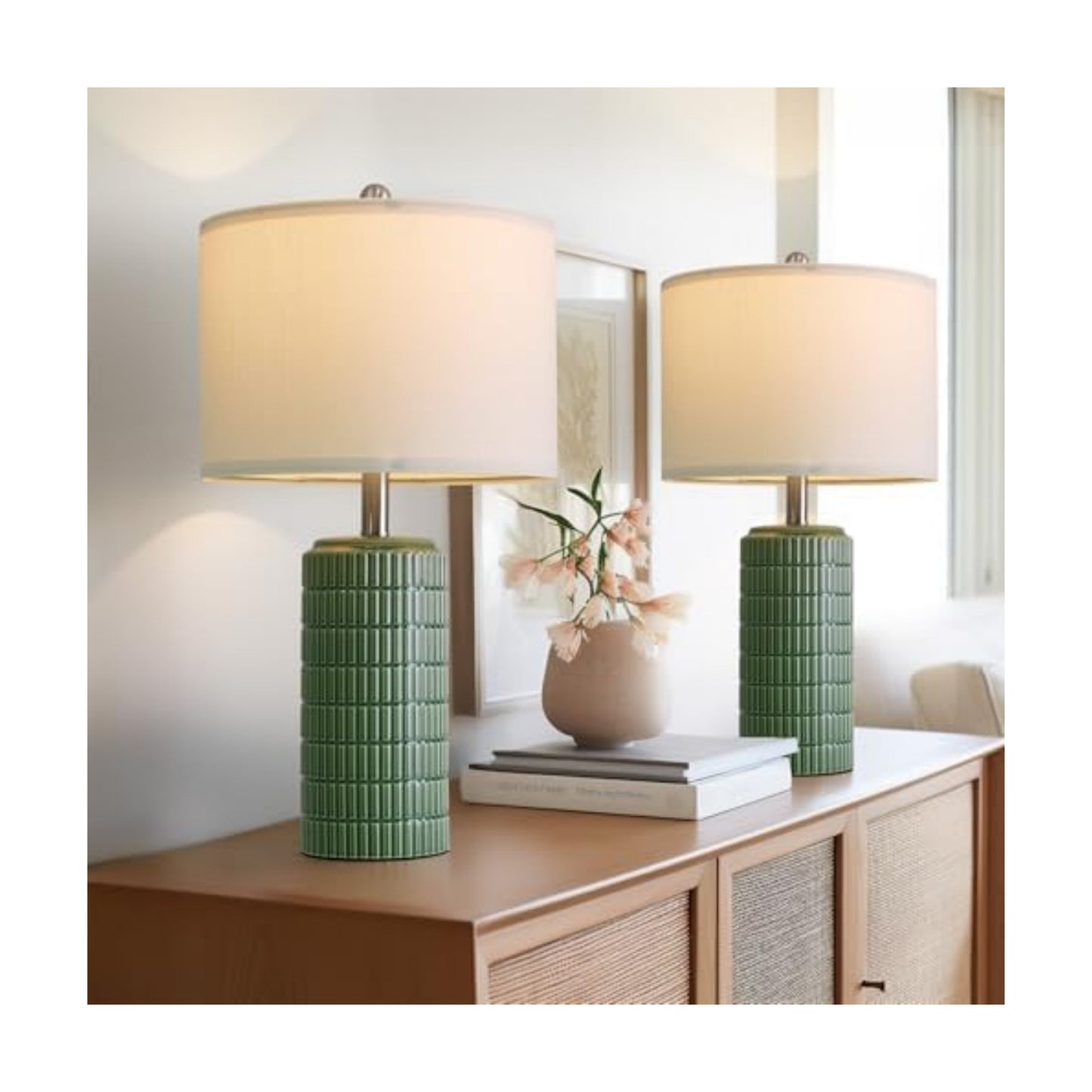 PoKat 23" Dark Green Ceramic Table Lamps Set of 2, Modern Table Lamps for Living Room, Farmhouse Lamps for Bedroom