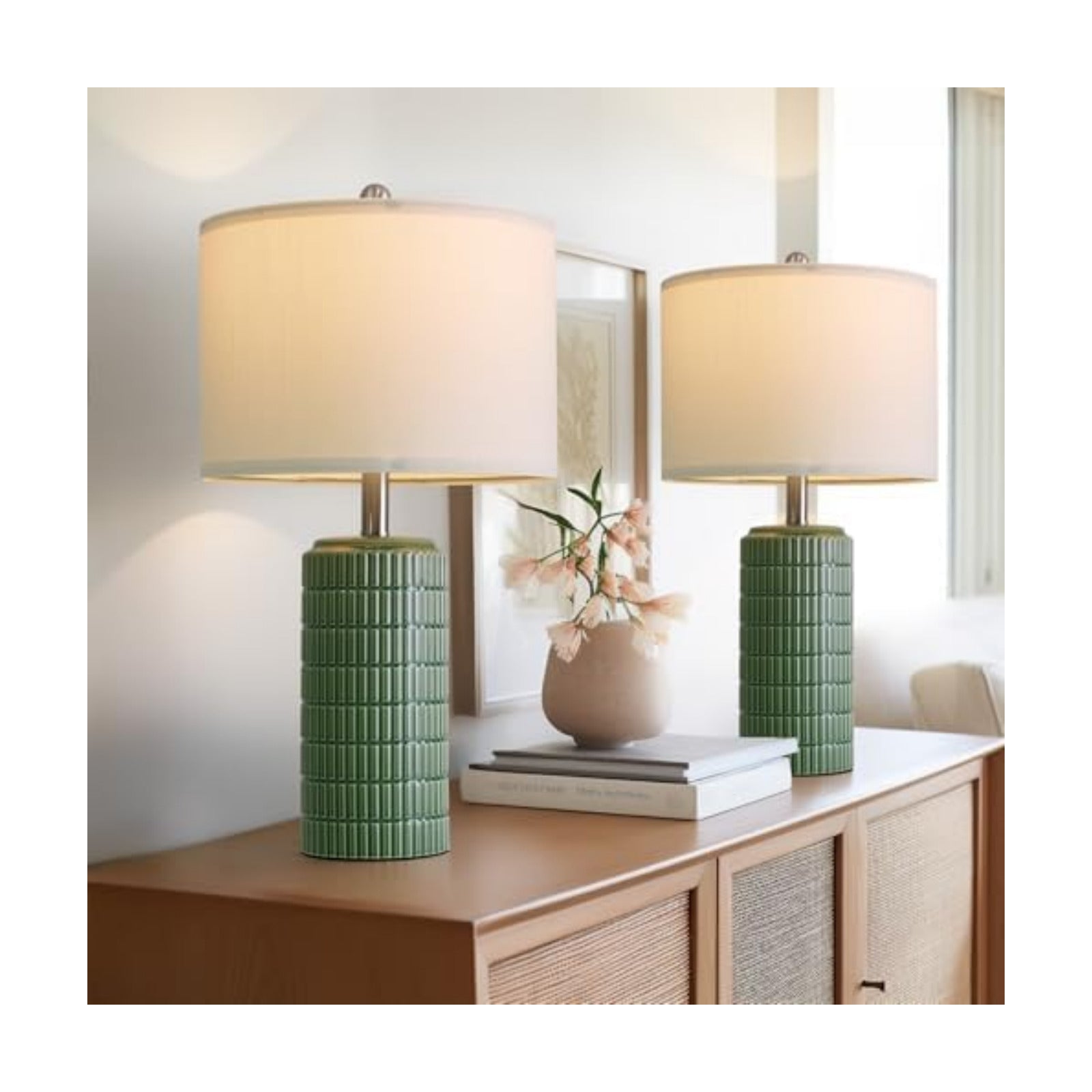 PoKat 23" Dark Green Ceramic Table Lamps Set of 2, Modern Table Lamps for Living Room, Farmhouse Lamps for Bedroom