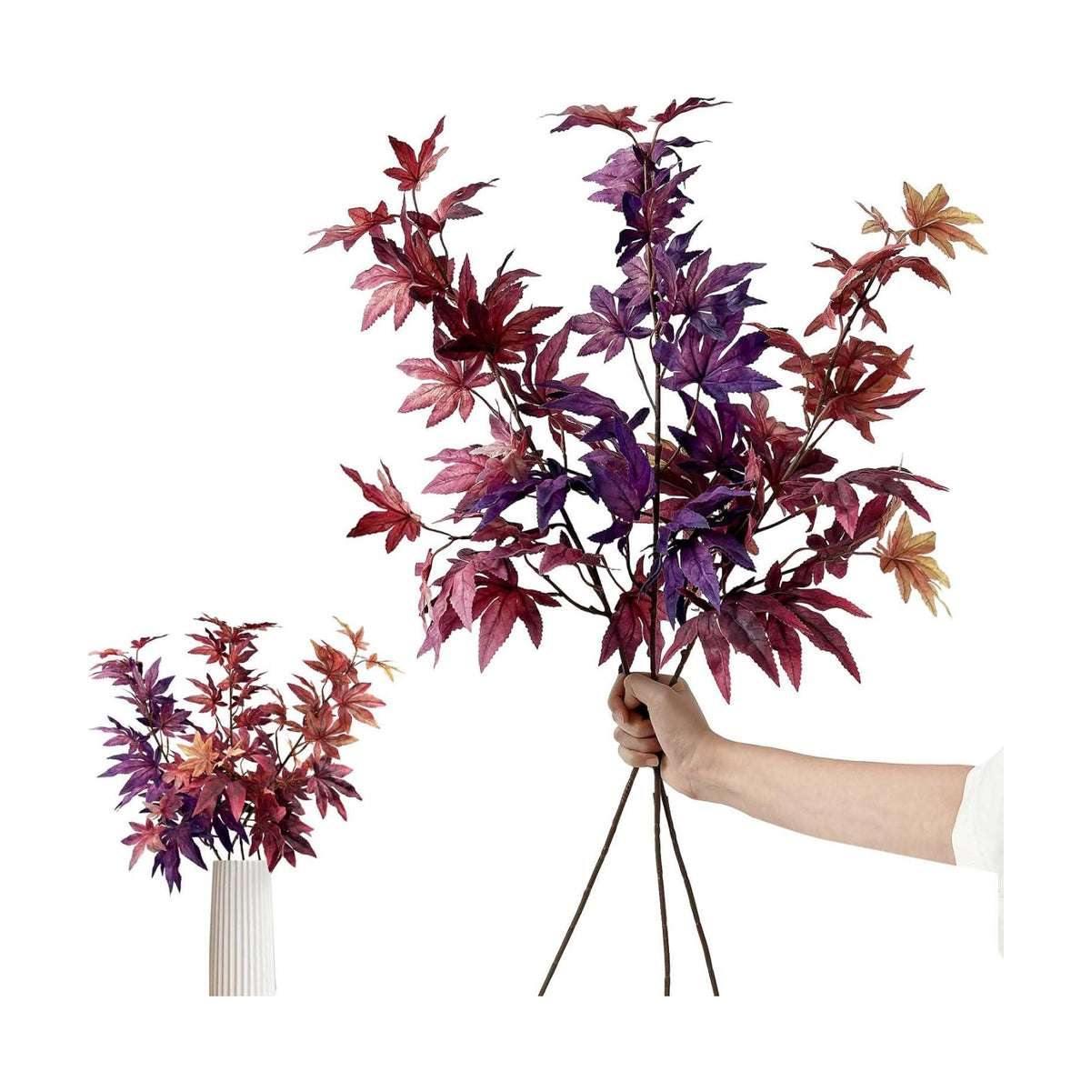 Daily Treasures 3Pcs Artificial Maple Leaves Branches,32.6'' Silk Autumn Fake Fall Leaves Stems Plants,Faux Maple Leaf Bushes Shrubs for Fireplace Halloween Decorations(Autumn Red/Dark Red/Purple)