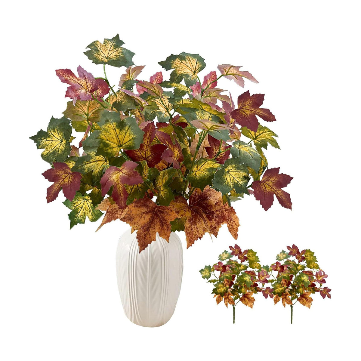 Daily Treasures 2Pcs Artificial Maple Leaves Branches,17.7in Artificial Autumn Decorations,Fake Fall Leaves Stems,Fake Plants Fall Decor for Thanksgiving,Halloween,Outdoor,Home,DIY(Green-Yellow-Red)