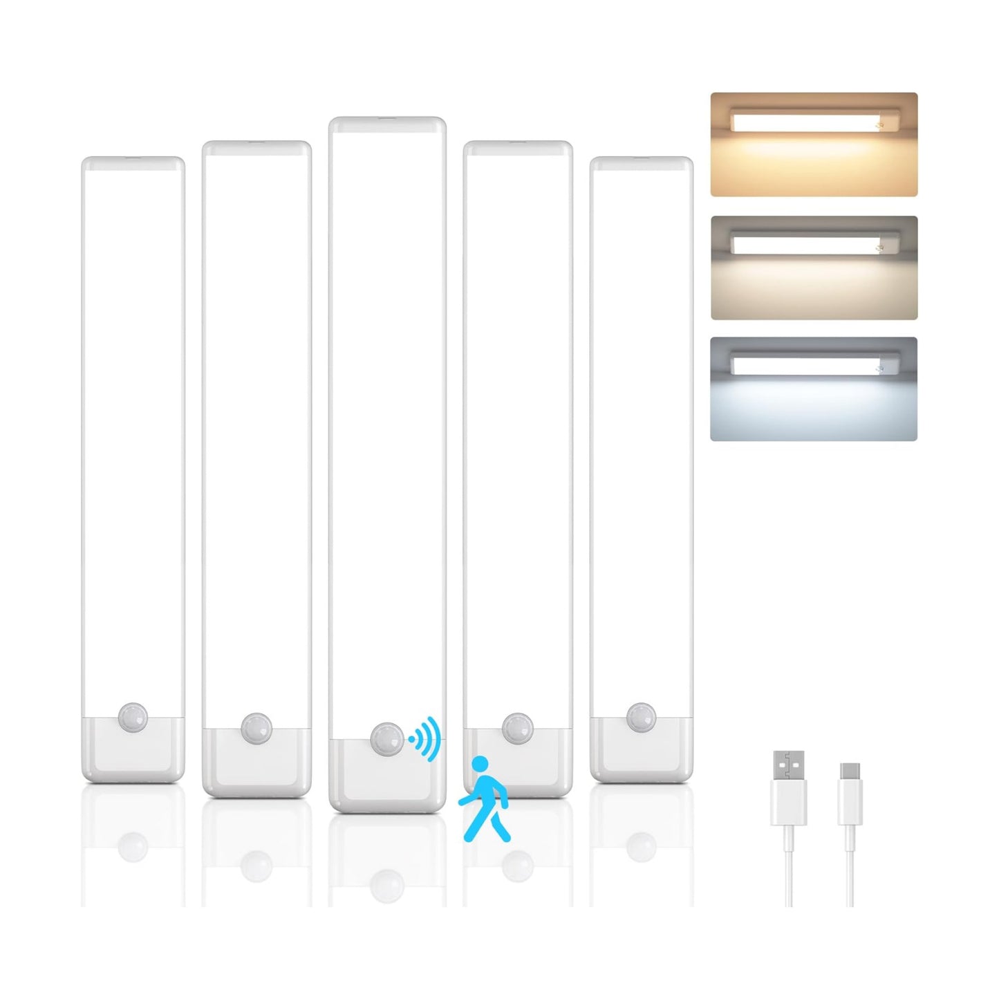 5-Pack Motion Sensor Under Cabinet Light, 3CCT, 7.9 inch | 3 Color Temperature, Dimmable, Rechargeable, Magnetic Closet