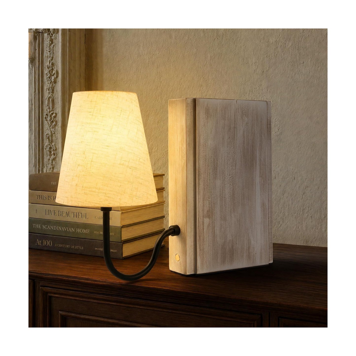 Solid Wood Bookshelf Lamp with Bulb, Cordless Rechargeable Touch Dimmable Table Lamp with Linen Fabric Shade, Modern
