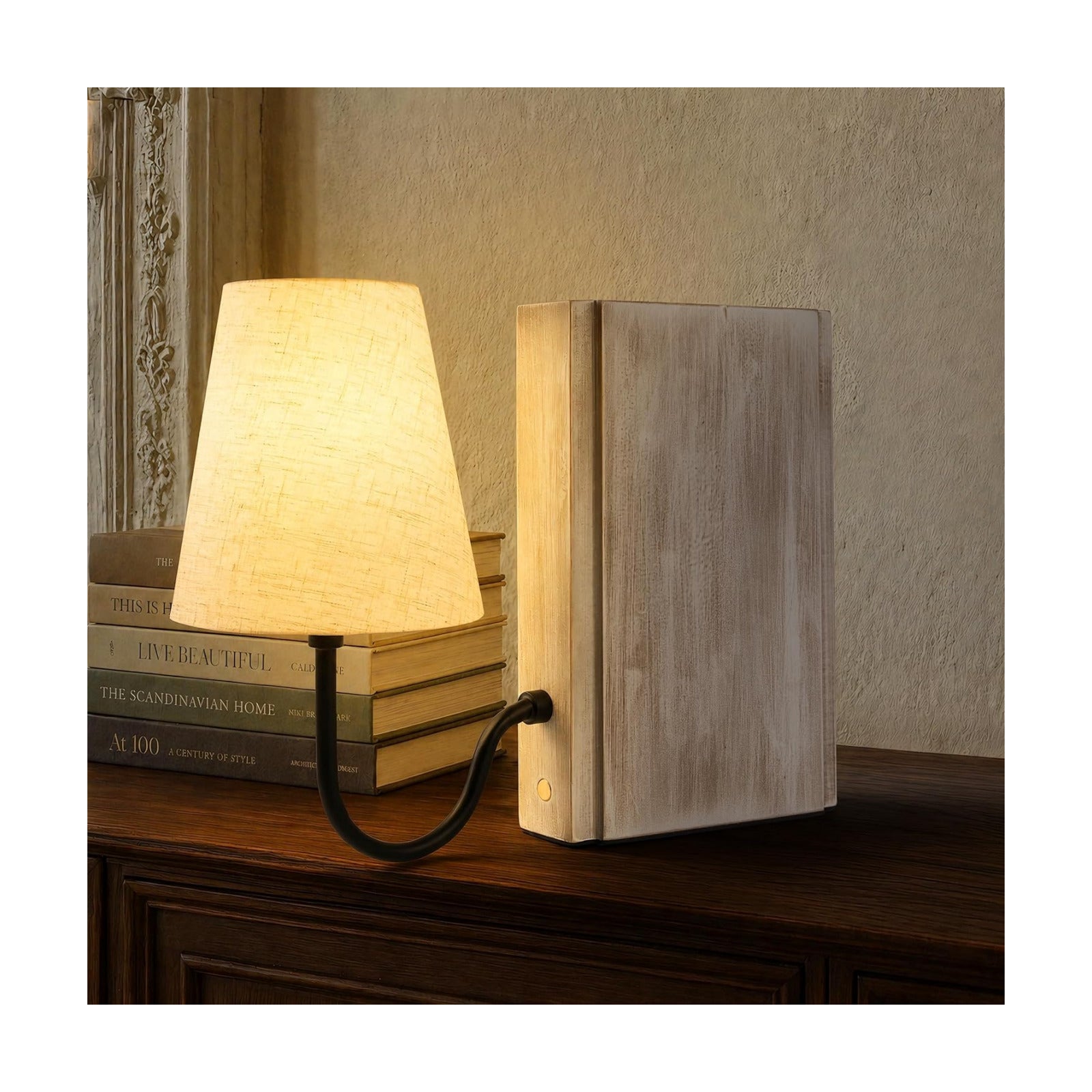 Solid Wood Bookshelf Lamp with Bulb, Cordless Rechargeable Touch Dimmable Table Lamp with Linen Fabric Shade, Modern