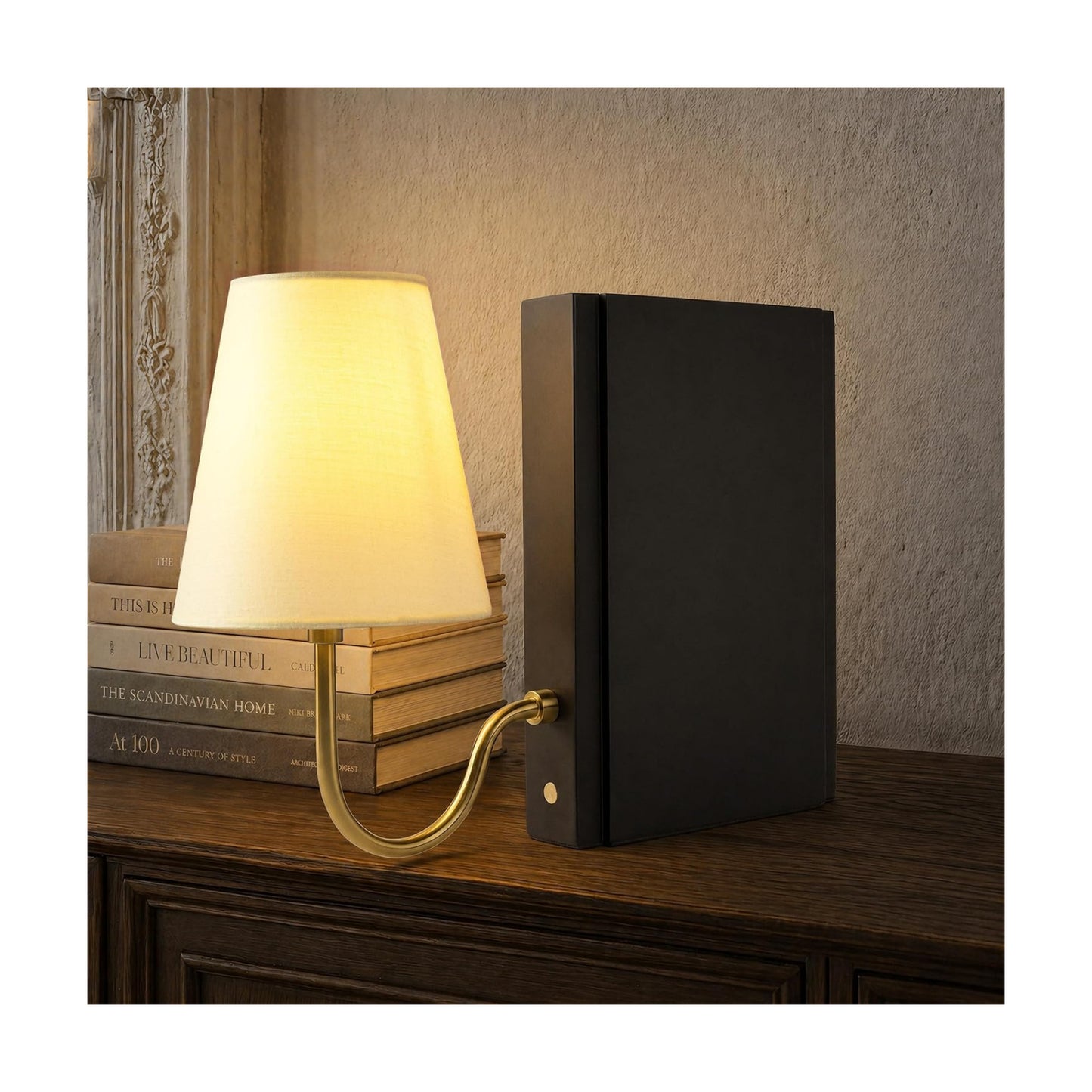 Solid Wood Bookshelf Lamp with Bulb, Cordless Rechargeable Touch Dimmable Table Lamp with Linen Fabric Shade, Modern