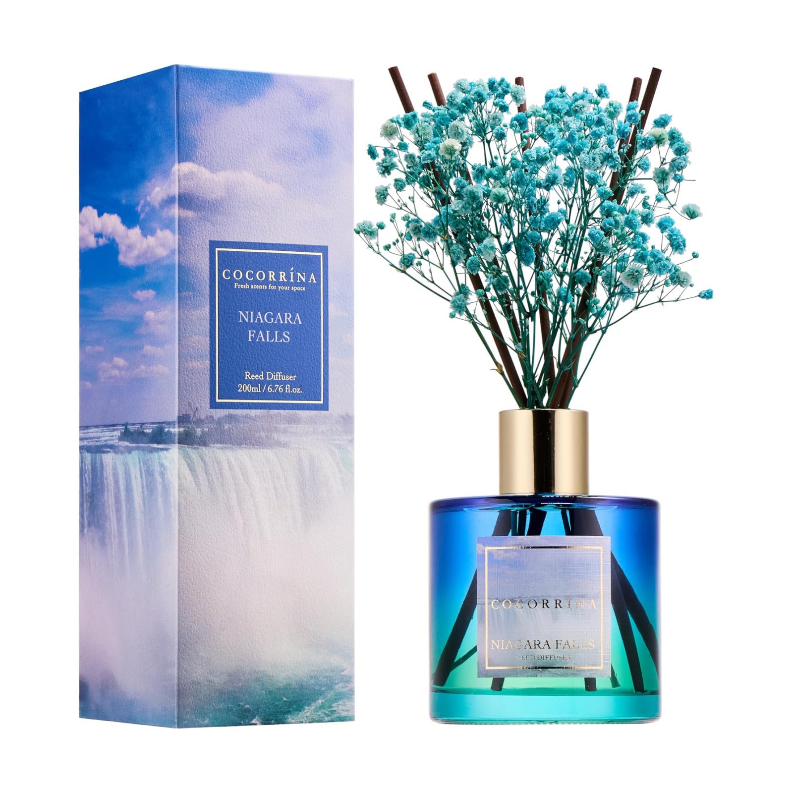 COCORRÍNA Reed Diffuser - Niagara Falls 6.7 Fl.oz Reed Diffuser Set with 8 Sticks & Preserved Baby's Breath, Reed