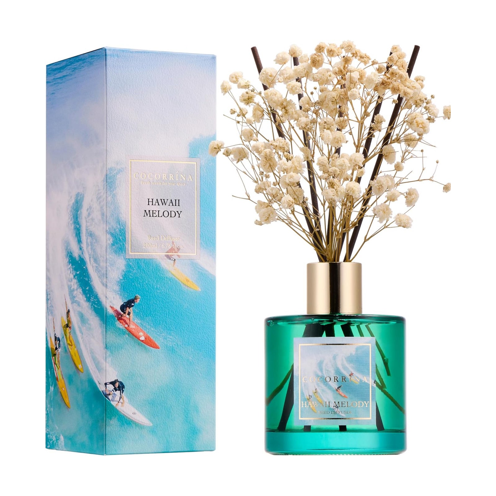 COCORRÍNA Reed Diffuser - Hawaii Melody 6.7 Fl.oz Reed Diffuser Set with 8 Sticks & Preserved Baby's Breath, Reed