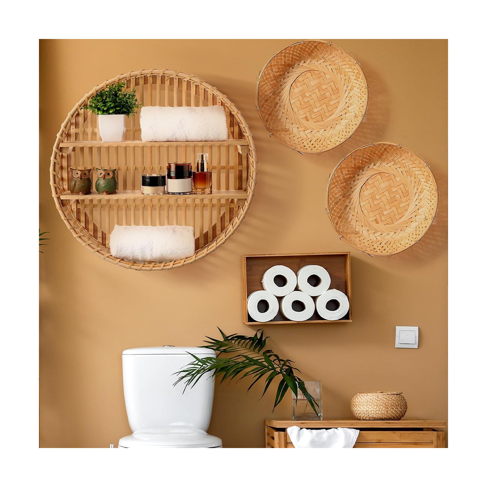 Wicker Baskets and Small Fake Plants Round / Set of 4